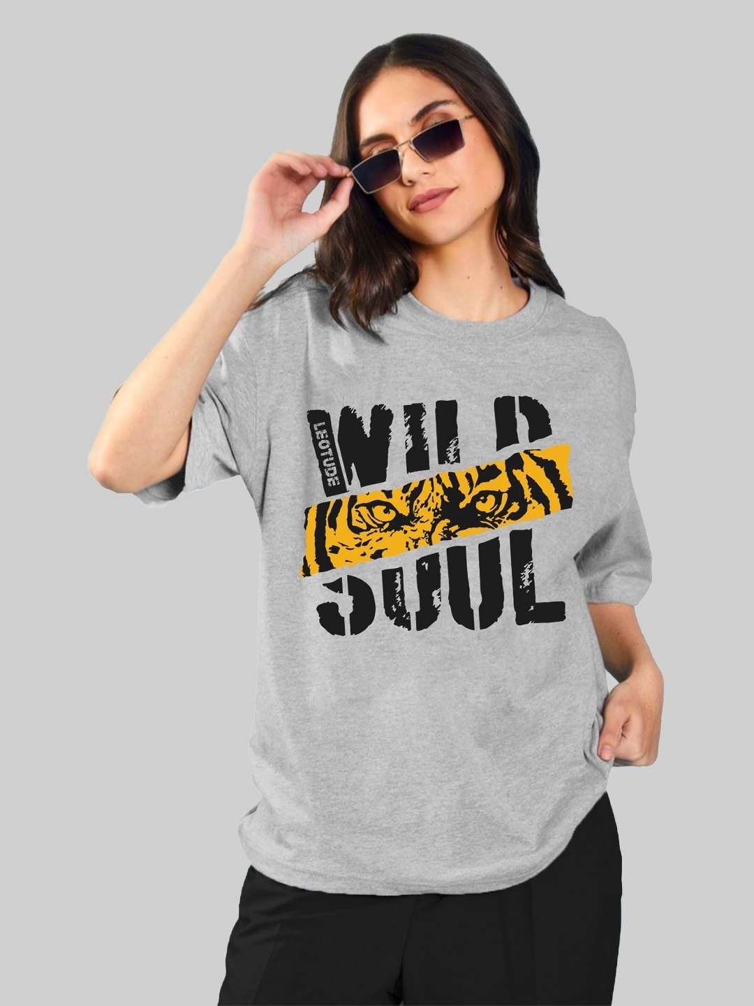 

Leotude Women Typography Printed Round Neck Cotton Oversized T-shirt, Grey