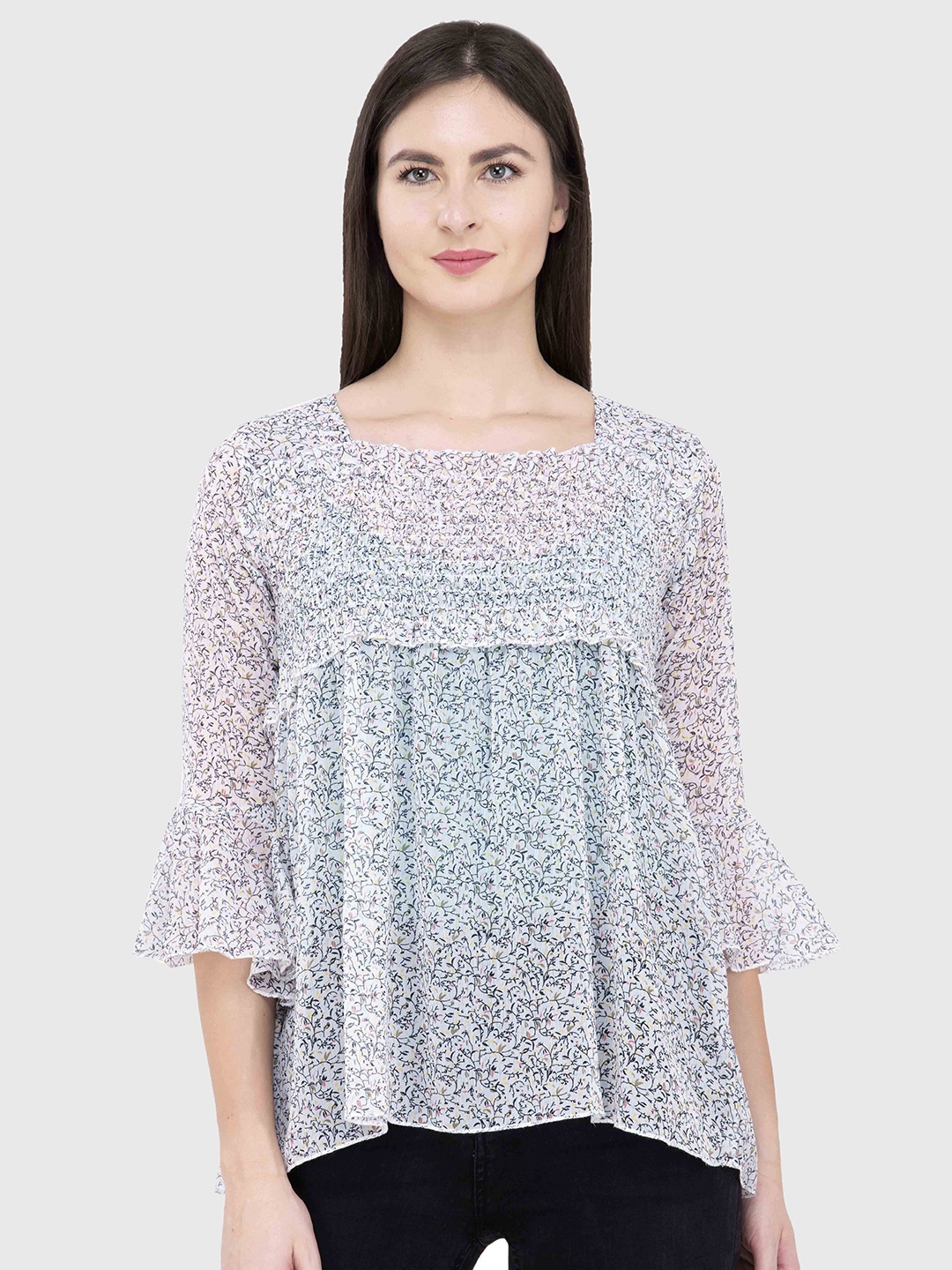 

Popwings Floral Printed Bell Sleeve Chiffon A-Line Top, White
