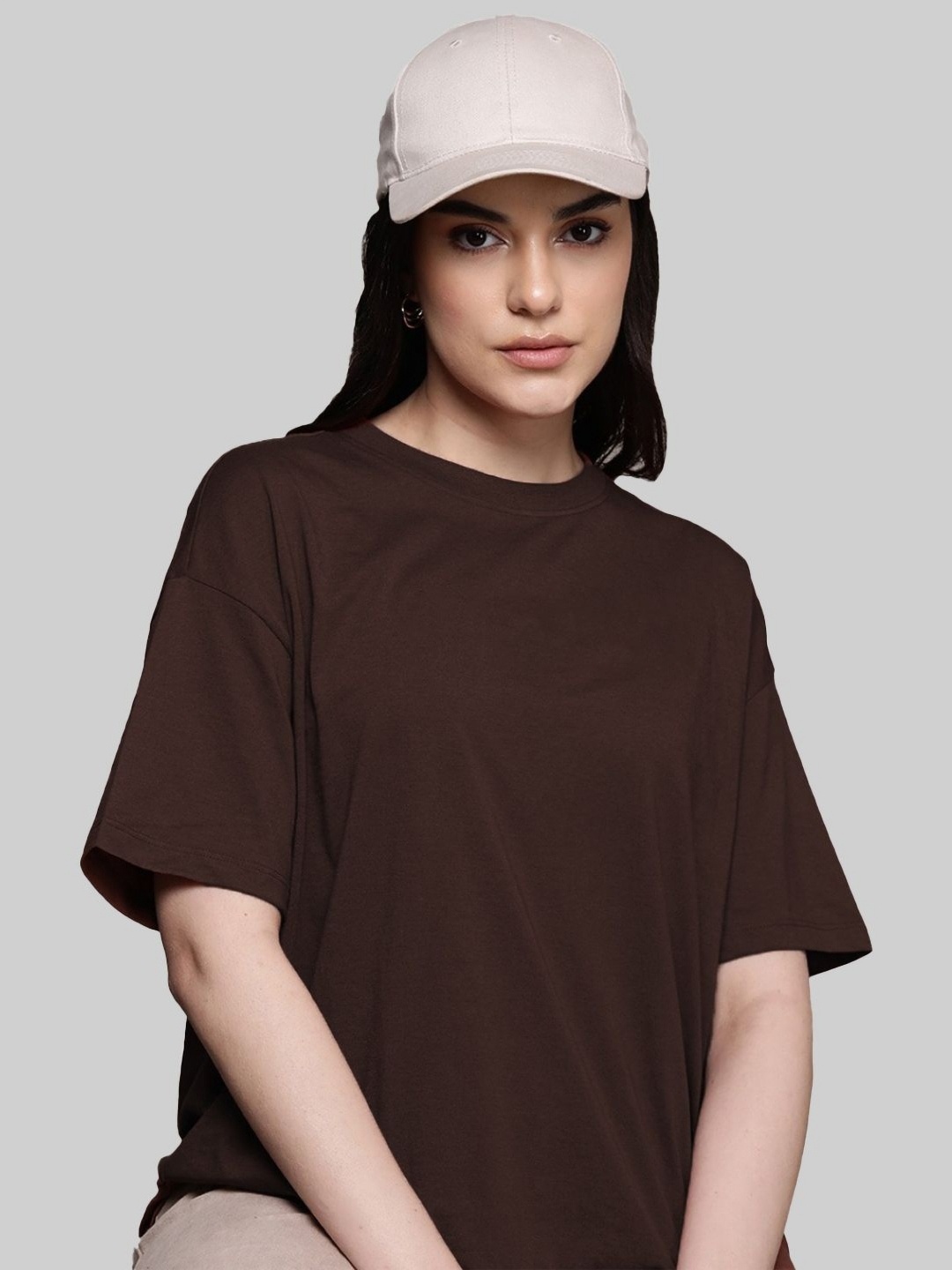 

Leotude Women Solid Round Neck Cotton Oversized T-shirt, Coffee brown