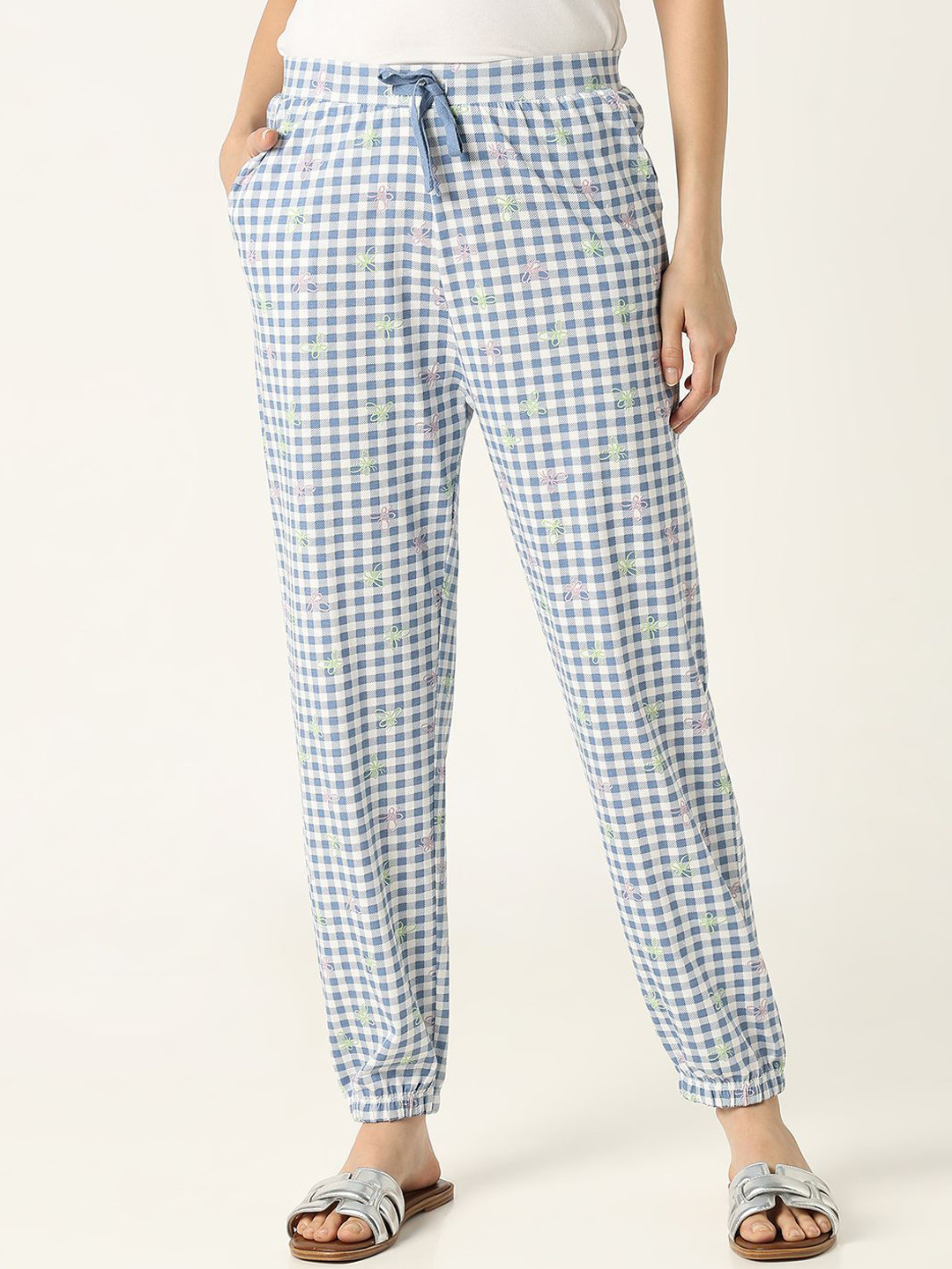 

R&B Women Checked Cotton Lounge Pants, Blue