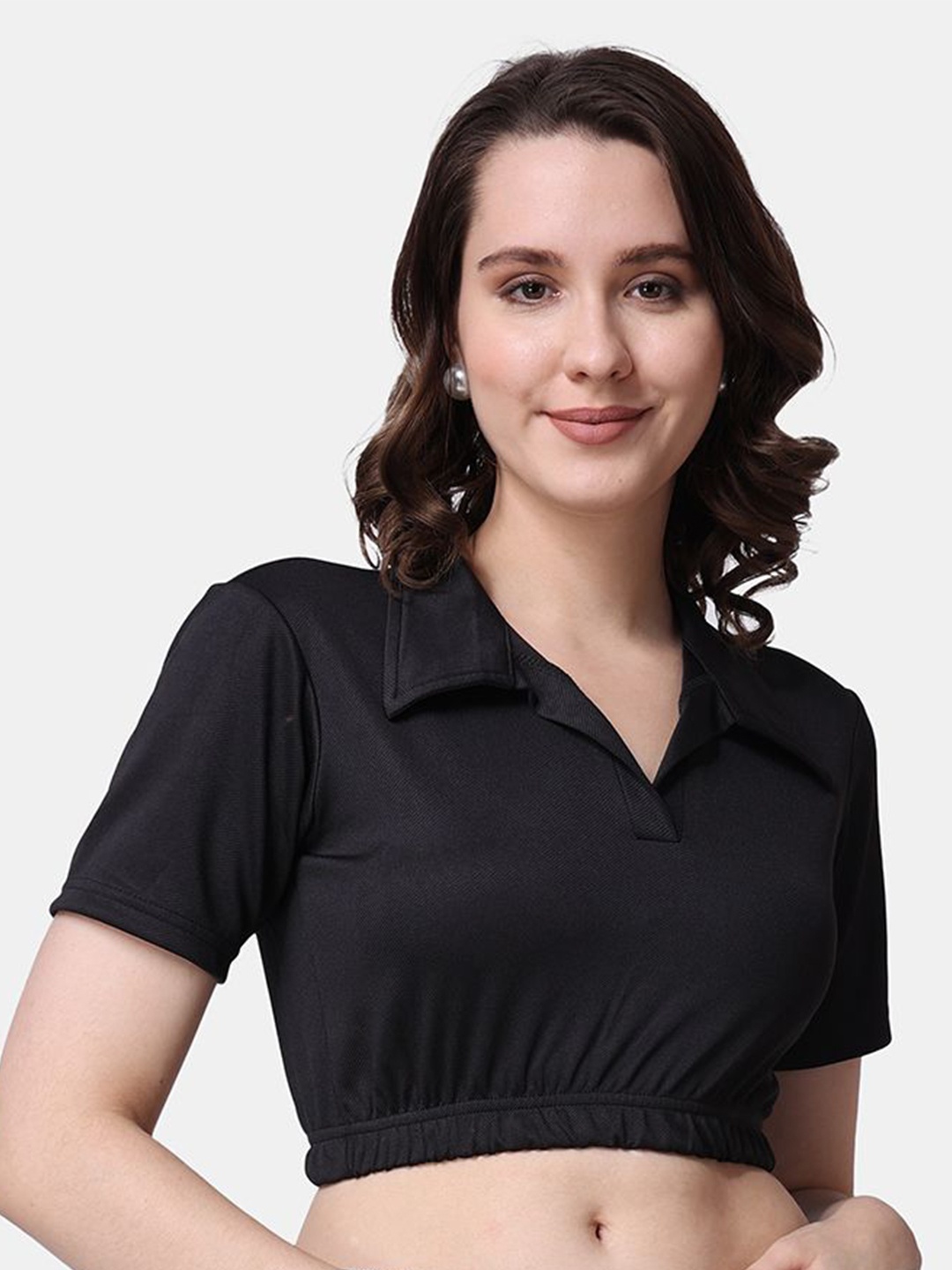 

Popwings Women Shirt Collar Blouson Crop Top, Black