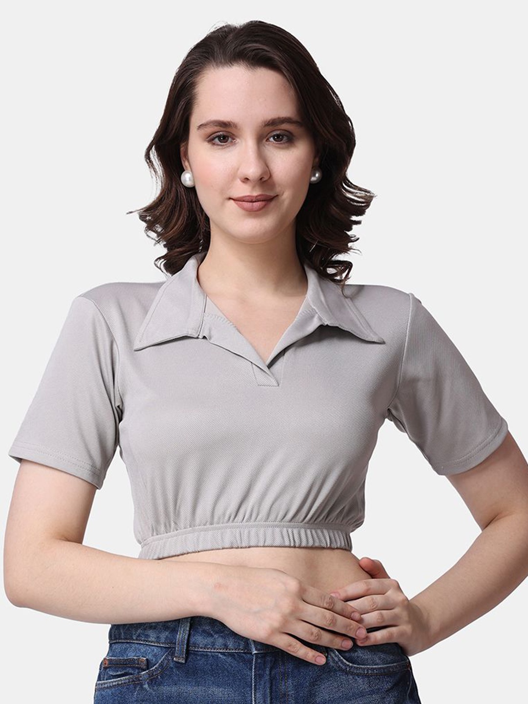 

Popwings Women Shirt Collar Crop Fitted Top, Grey