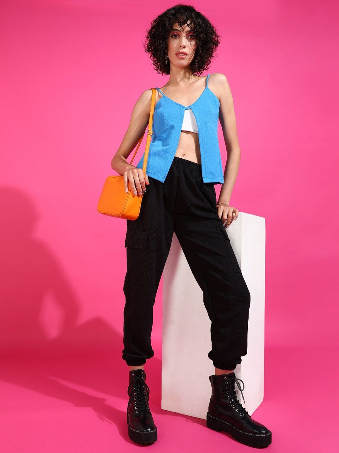 Popwings Women Tie-Ups Cut Out Crop Top, Blue