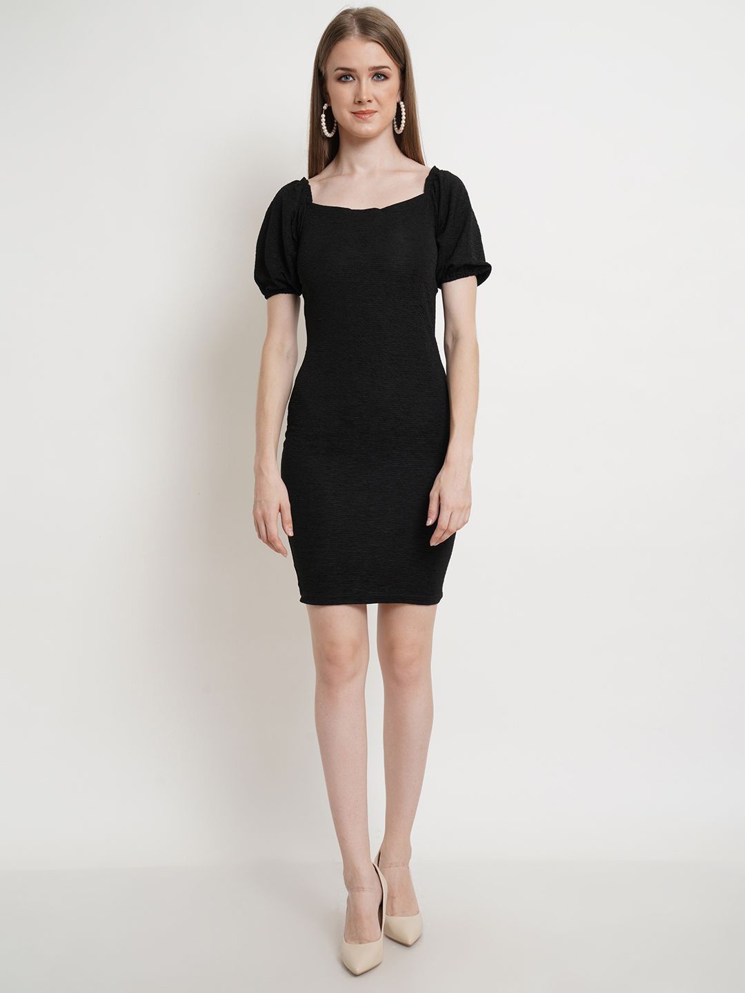 

Popwings Women Puff Sleeves Bodycon Dress, Black