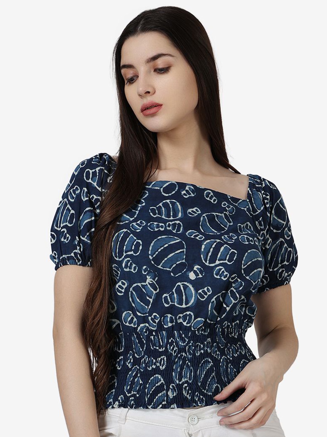 

Popwings Women Print Puff Sleeve Ethnic Top, Navy blue