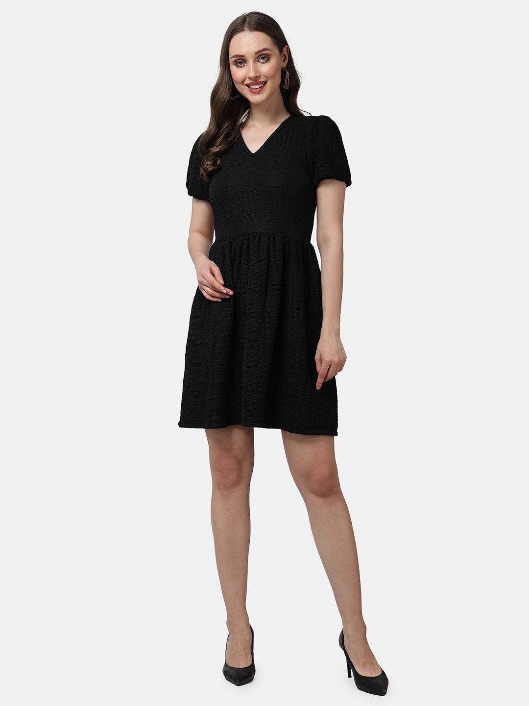 

Popwings Women V-Neck Fit & Flare Dress, Black