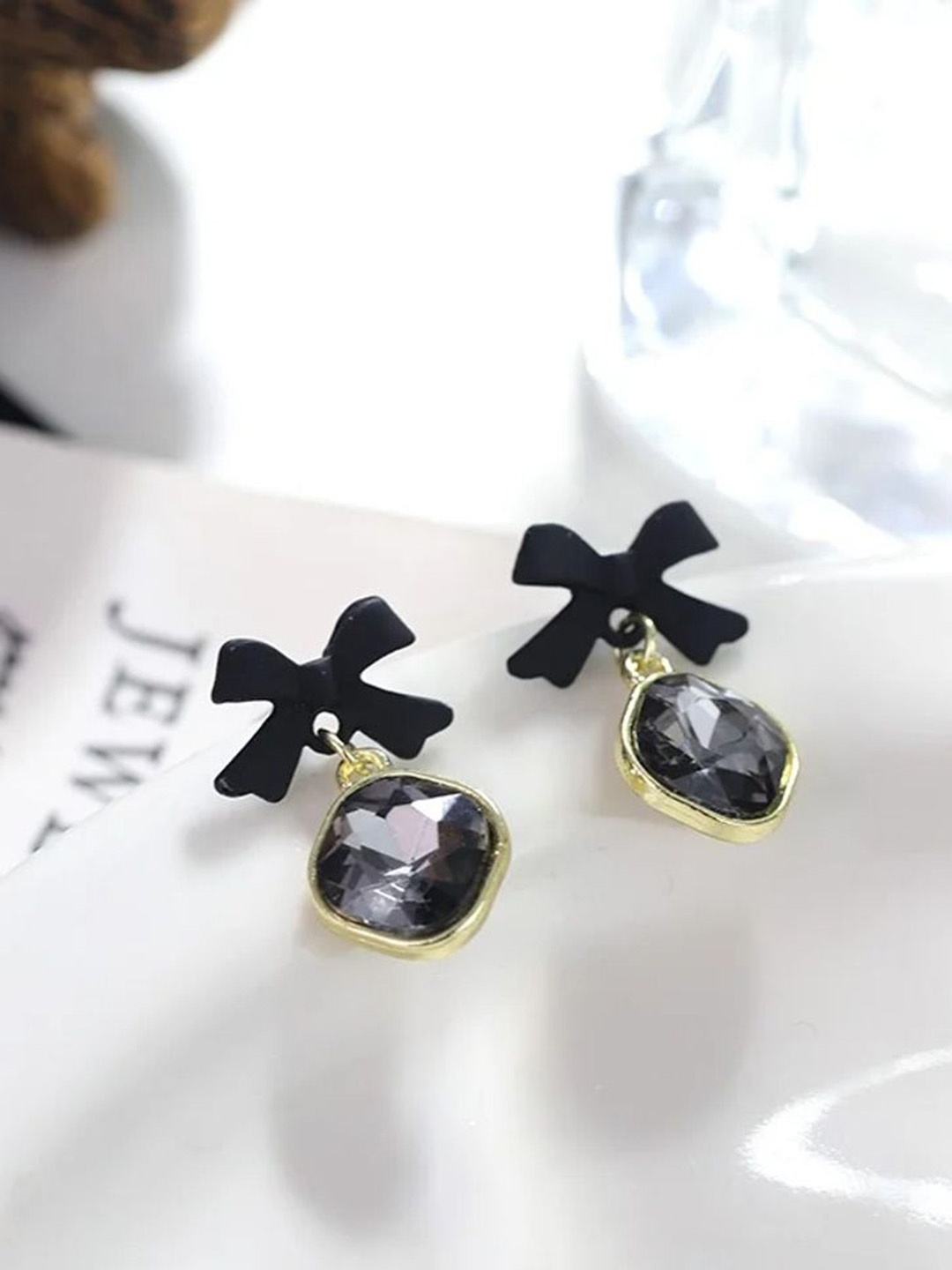 

Celestique Crystals Studded Contemporary Drop Earrings, Black