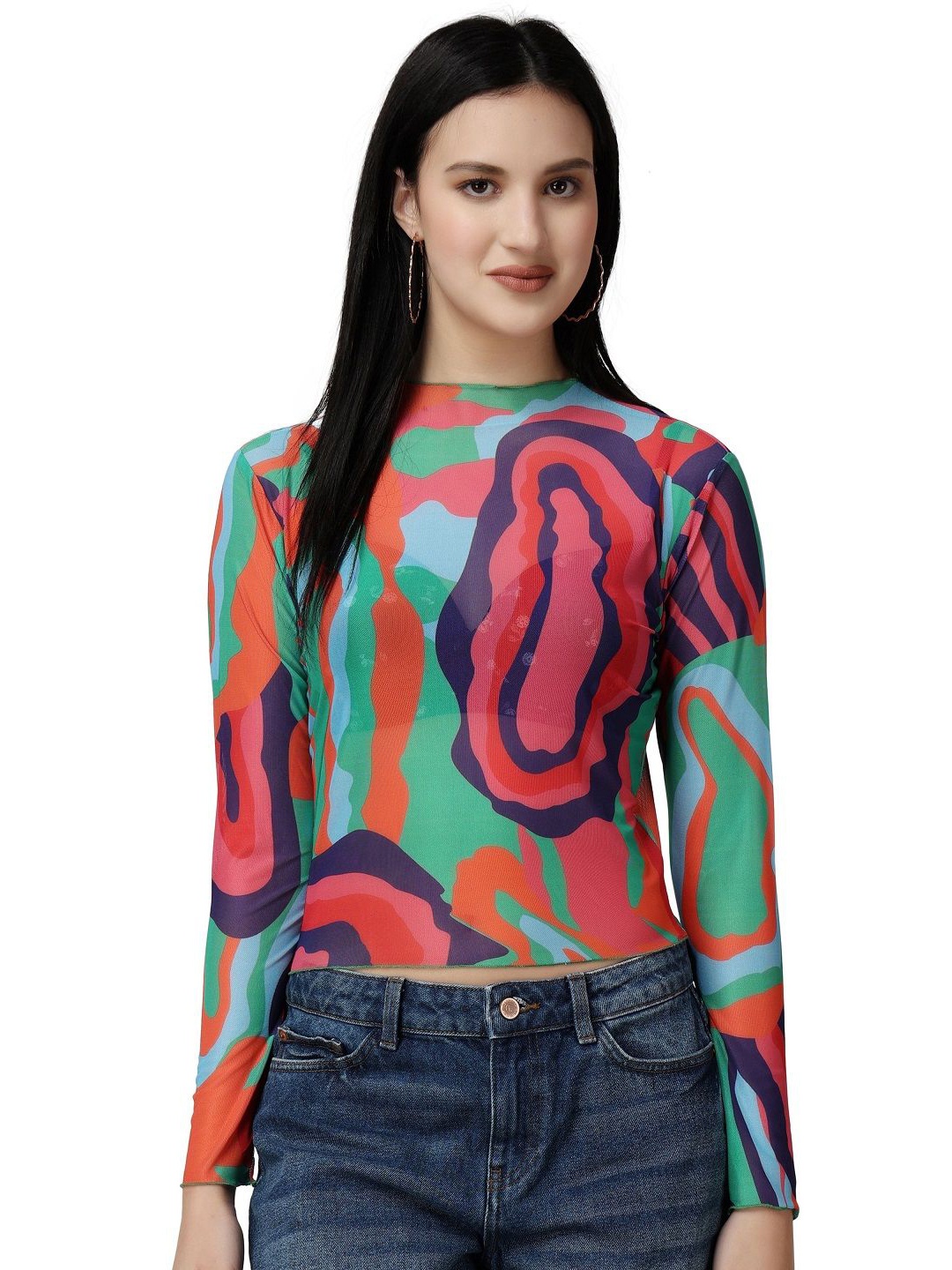 

Popwings Women Geometric Printed Boat Neck Fitted Crop Top, Blue