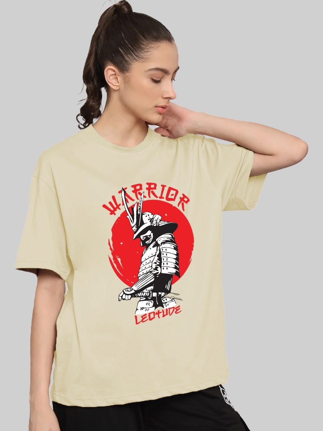 

Leotude Women Graphic Printed Round Neck Cotton Oversized T-shirt, Beige