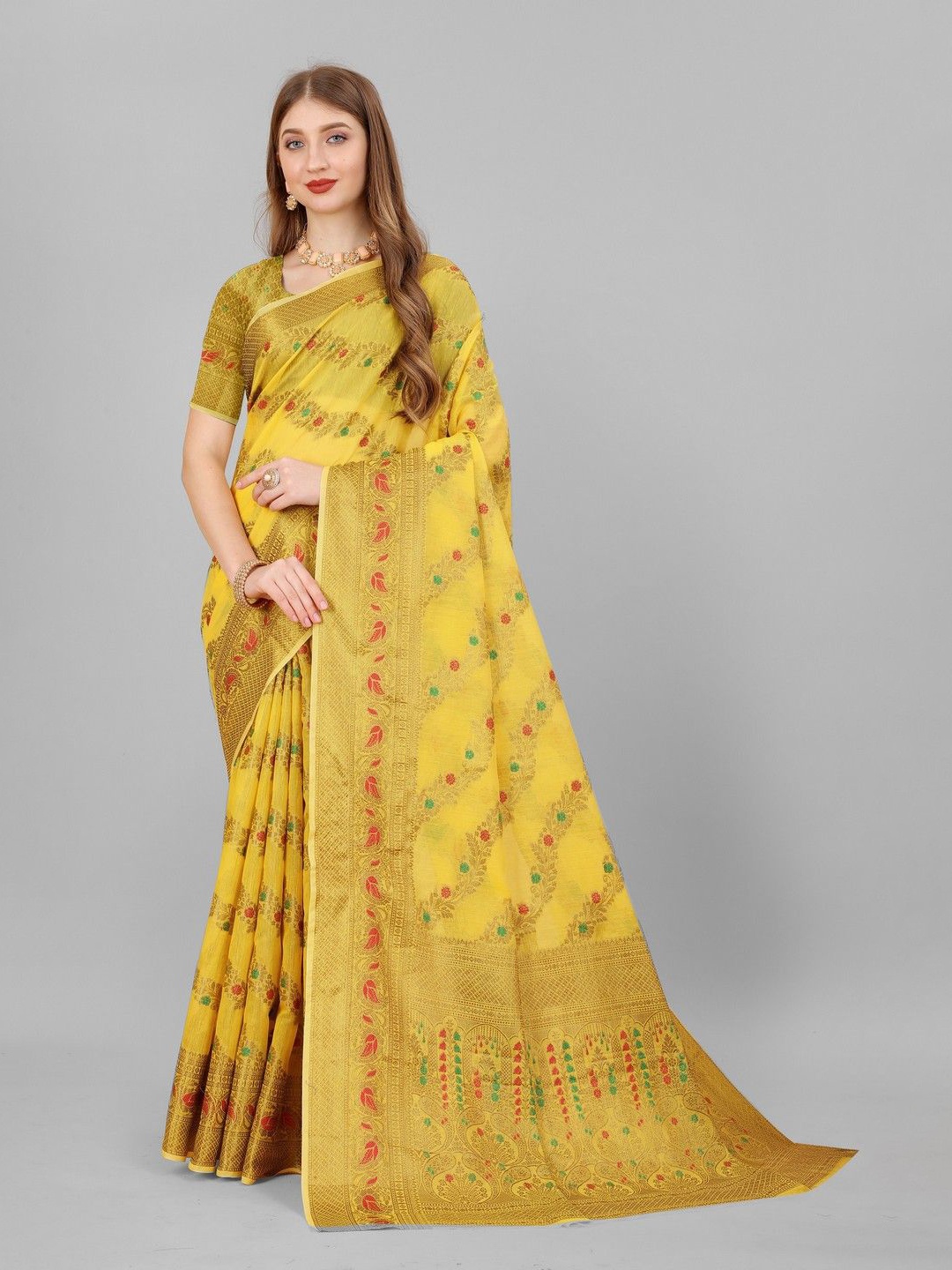 VARNI FABRICS Woven Design Zari Pure Cotton Banarasi Saree, Yellow