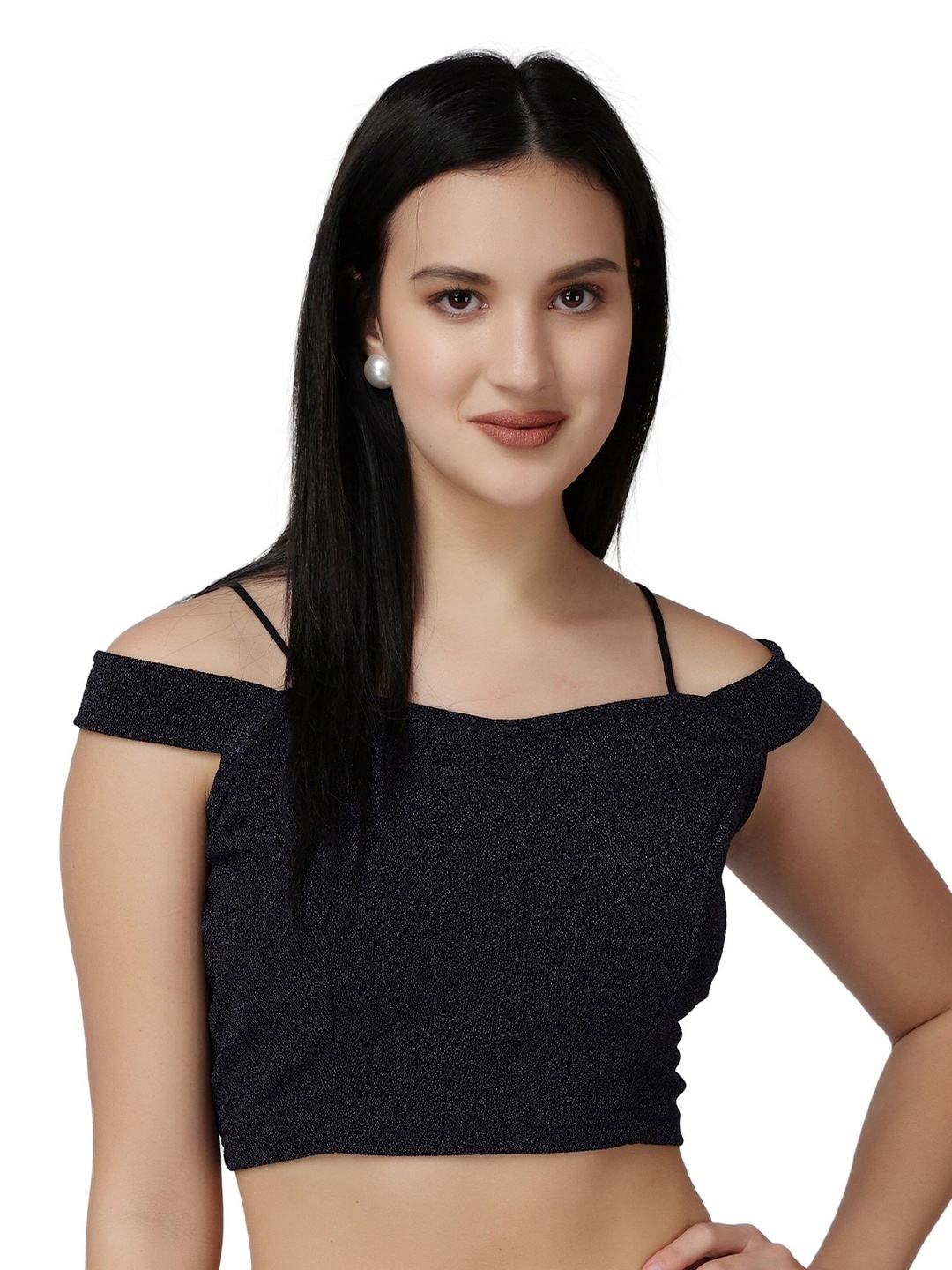 

Popwings Women Shimmer Off-Shoulder Fitted Crop Top, Navy blue