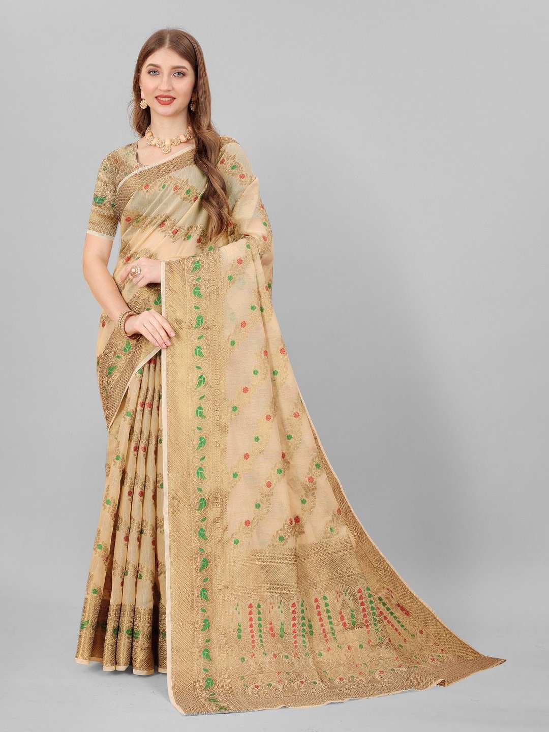 

VARNI FABRICS Woven Design Zari Pure Cotton Banarasi Saree, Beige