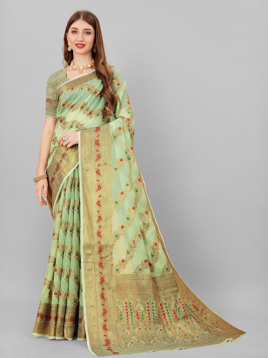 

VARNI FABRICS Woven Design Zari Pure Cotton Banarasi Saree, Green