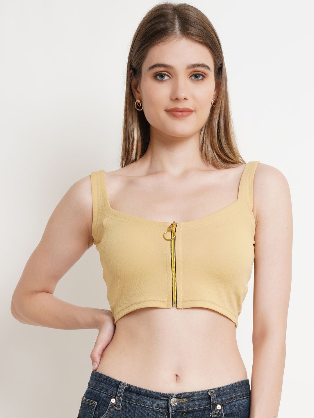 

Popwings Women Sweetheart Neck Fitted Crop Top, Beige