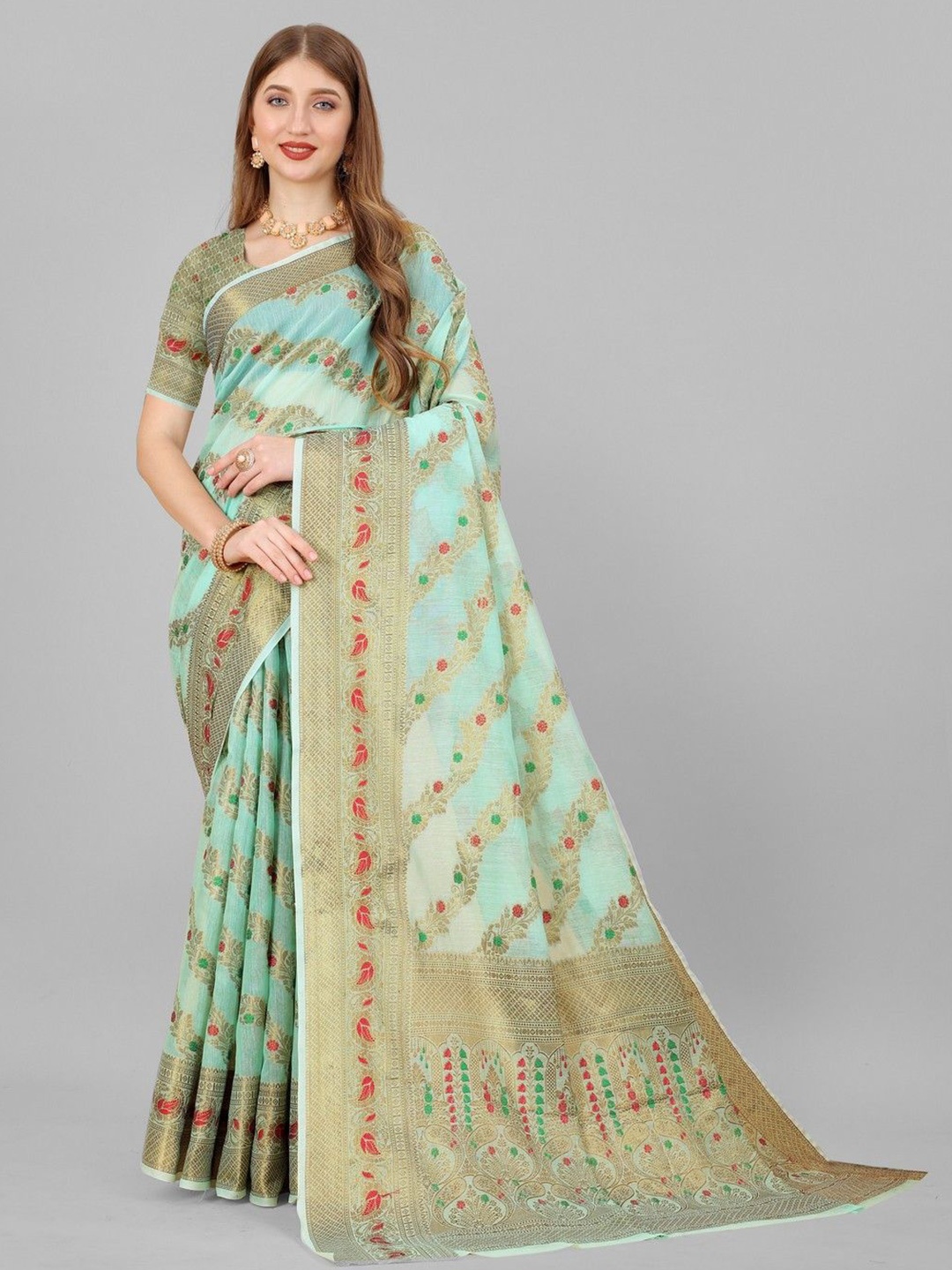 VARNI FABRICS Floral Zari Pure Cotton Saree, Green