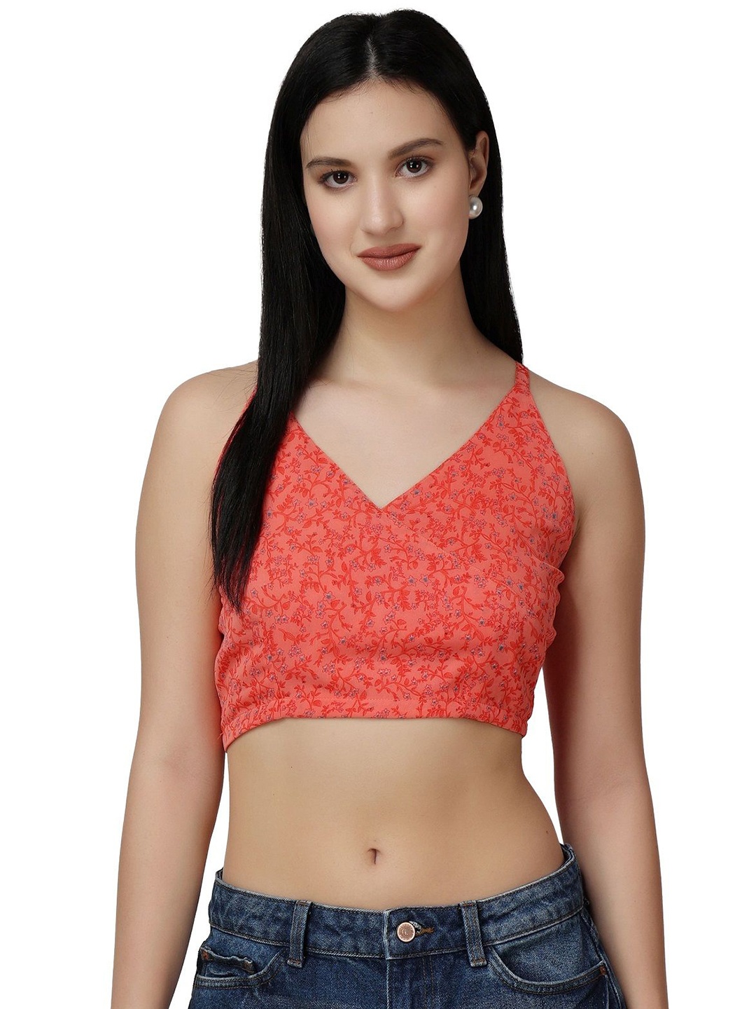 

Popwings Women Floral Printed Fitted Crop Top, Red