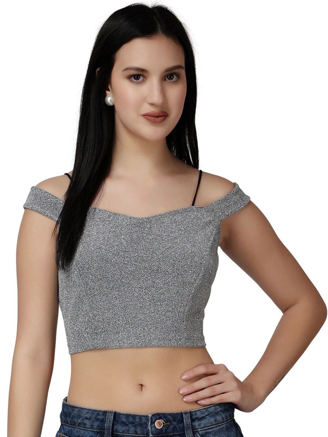 

Popwings Women Self Design Shimmer Sleeveless Crop Top, Grey