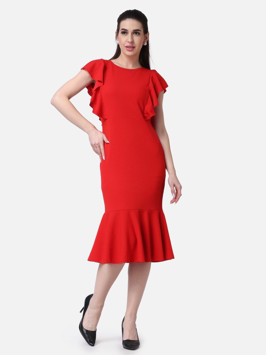 

Popwings Women Flutter Sleeves Bodycon Midi Dress, Red