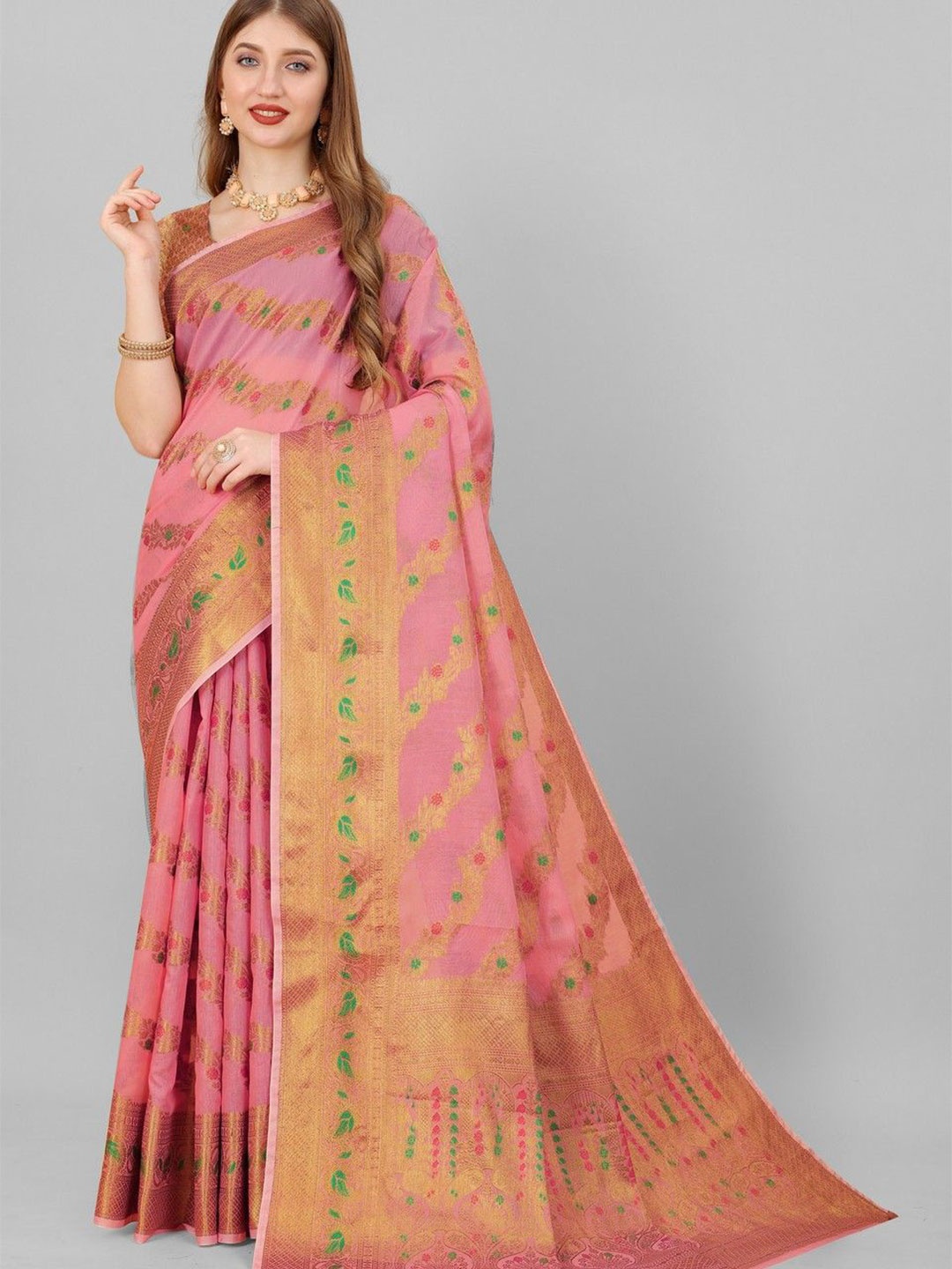 

VARNI FABRICS Woven Design Zari Pure Cotton Banarasi Saree, Peach