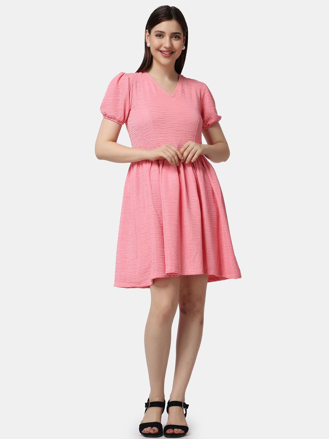 

Popwings Women V-Neck Fit & Flare Dress, Pink