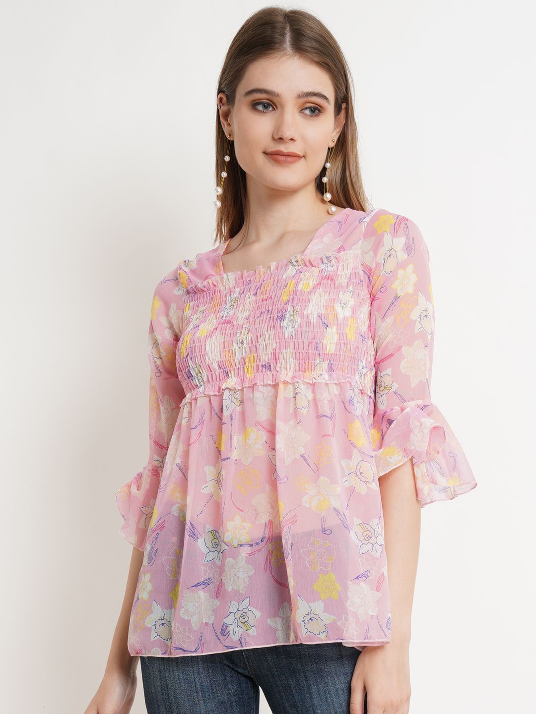

Popwings Women Floral Printed Bell Sleeve Chiffon Peplum Top, Pink