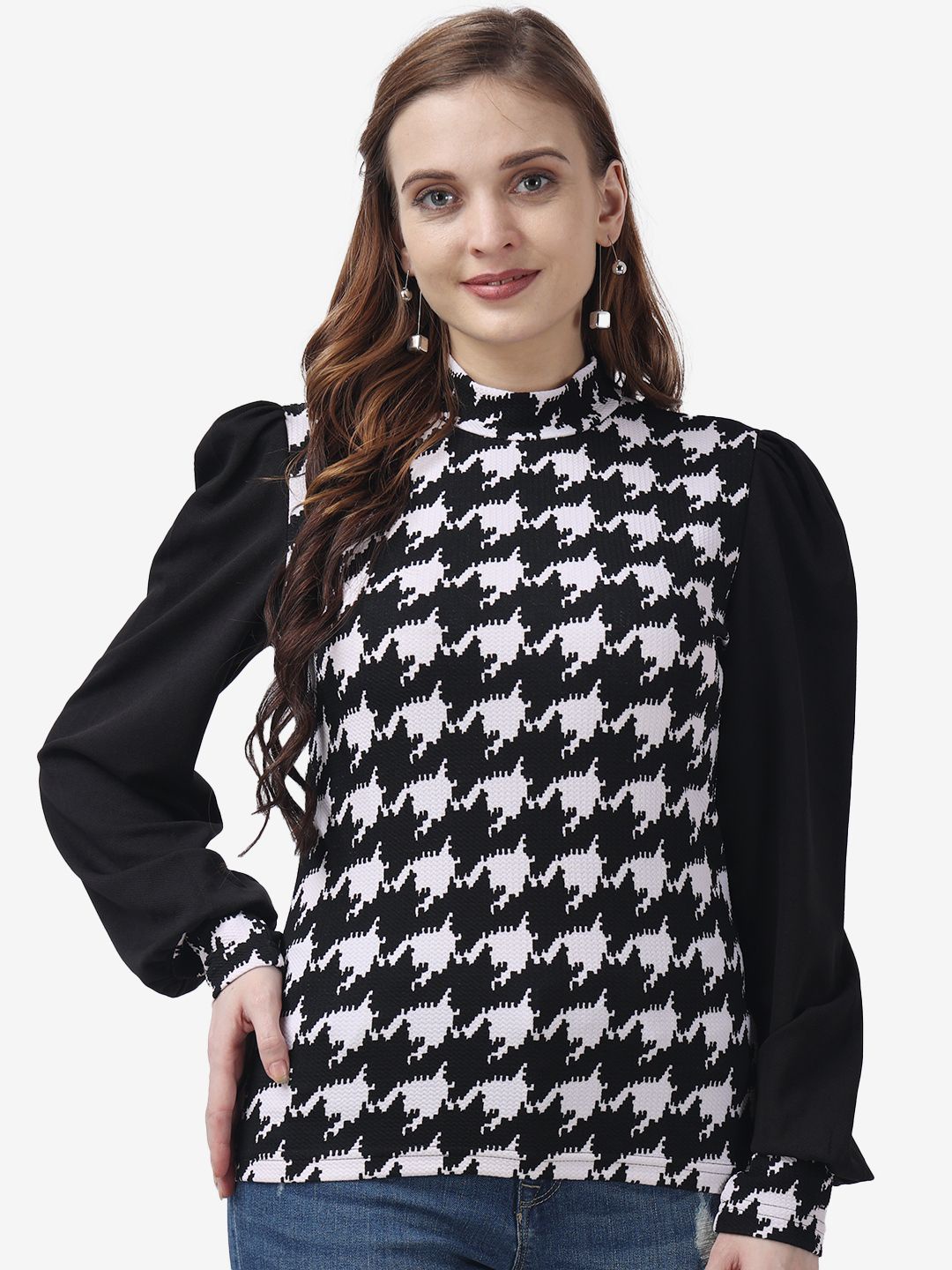 Popwings Printed Puff Sleeve Top, Black