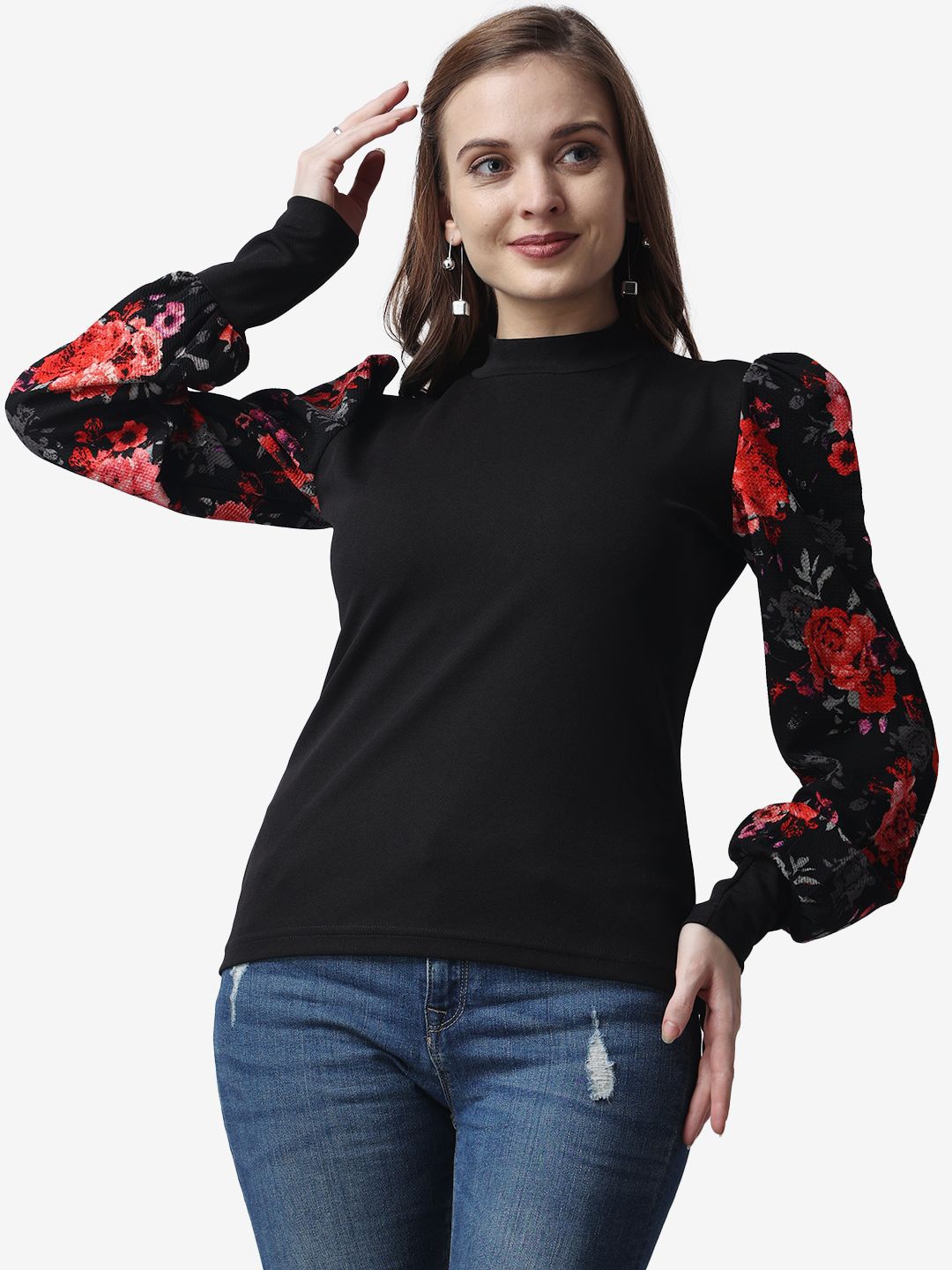 

Popwings Women Floral Print Puff Sleeve Top, Black