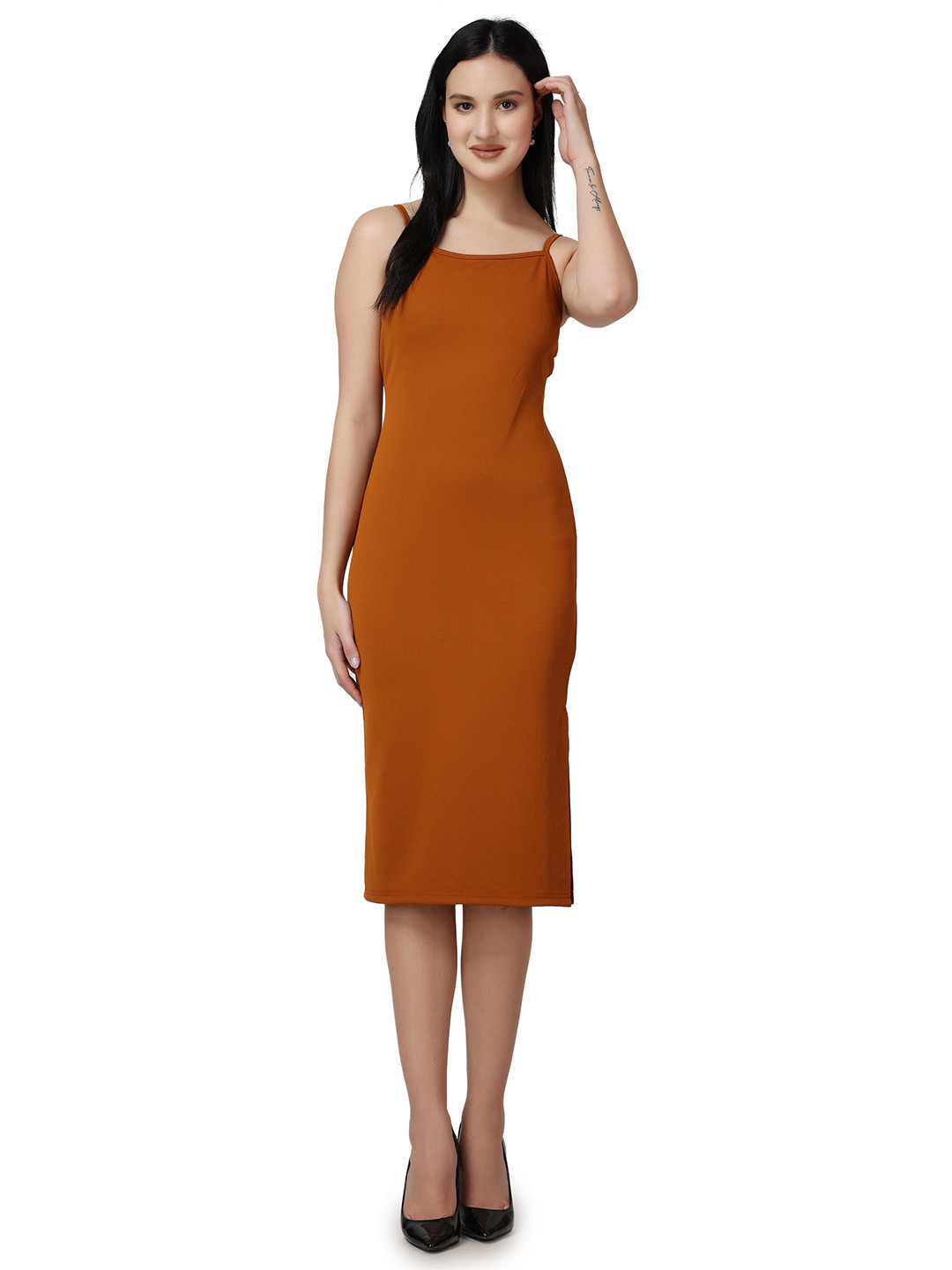 

Popwings Women Shoulder Straps Bodycon Midi Dress, Rust