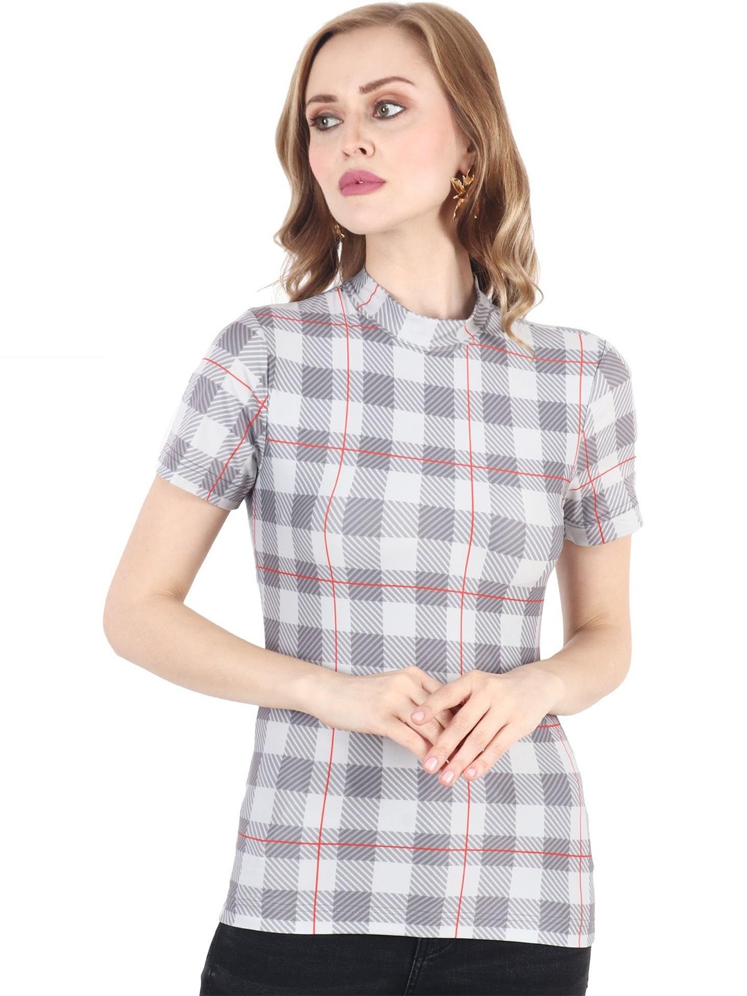 

Popwings Checked Regular Top, Grey