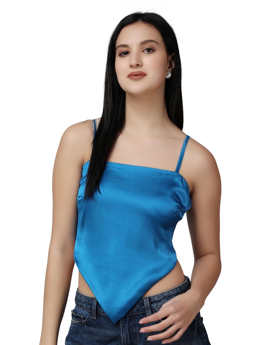 

Popwings Women Satin Shoulder Strep Sleeveless Styled Back Crop Top, Blue