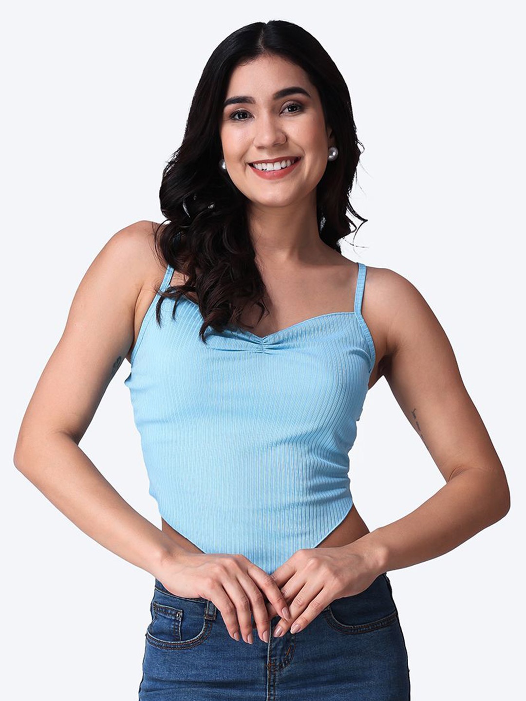 

Popwings Shoulder Straps Fitted Crop Top, Turquoise blue
