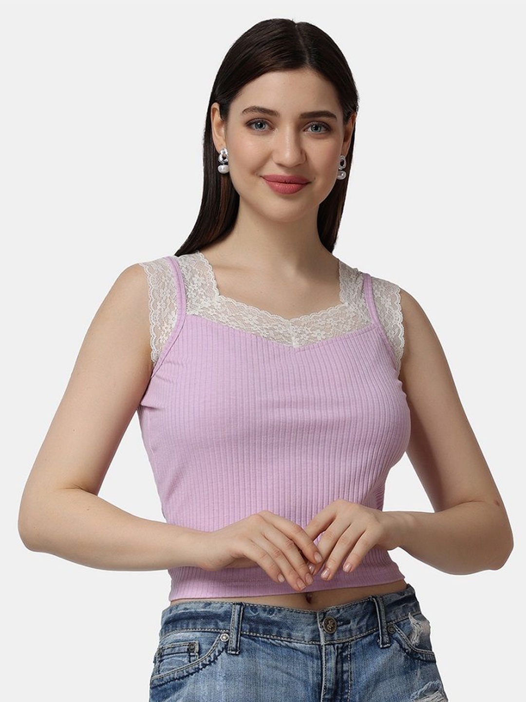 

Popwings Women Self Design Rib Top, Lavender