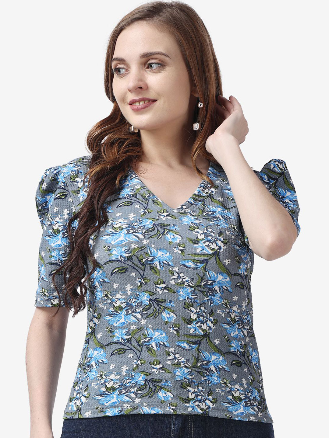 

Popwings Women Floral Printed Puff Sleeve Top, Grey
