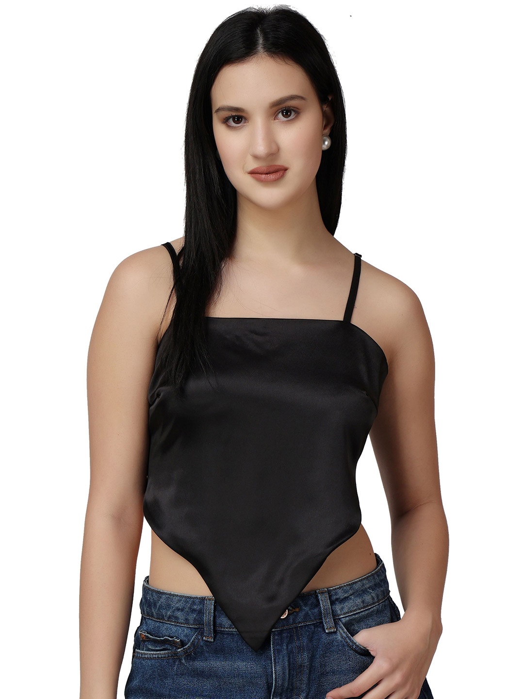 

Popwings Women Shoulder Straps Styled Back Crop Top, Black