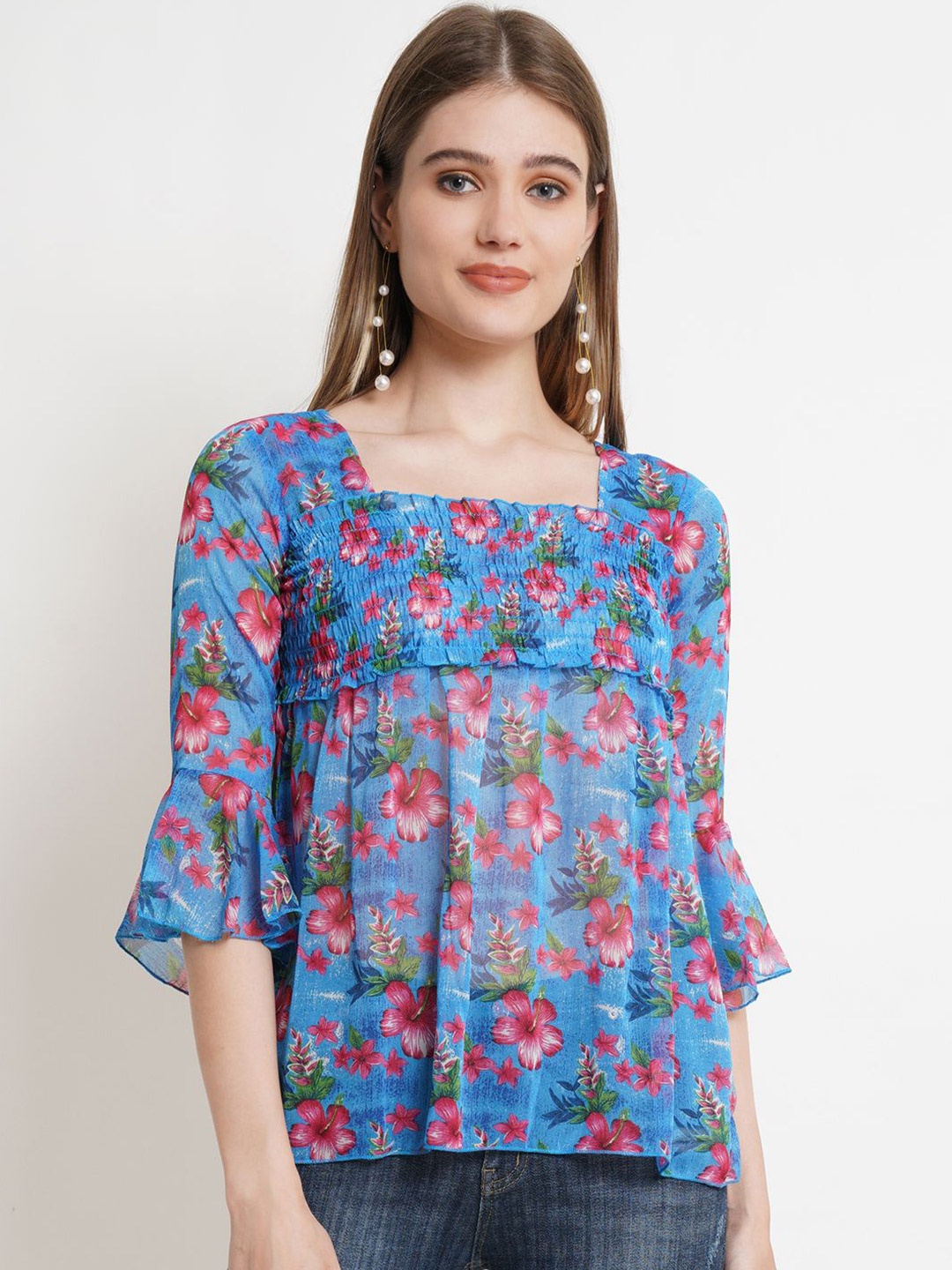 

Popwings Floral Print Bell Sleeve Chiffon Peplum Top, Blue