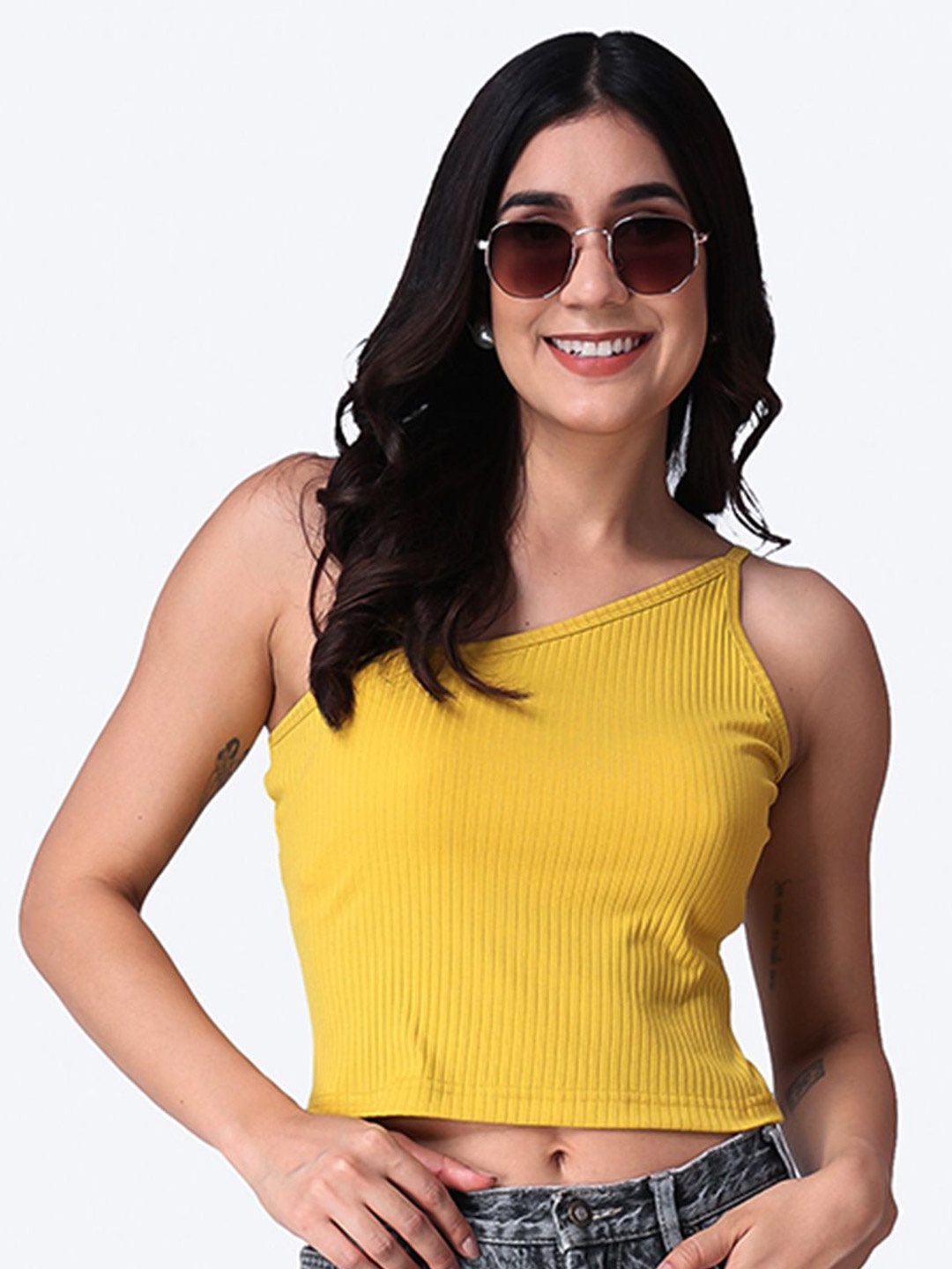 

Popwings Women Off-Shoulder Crop Top, Mustard