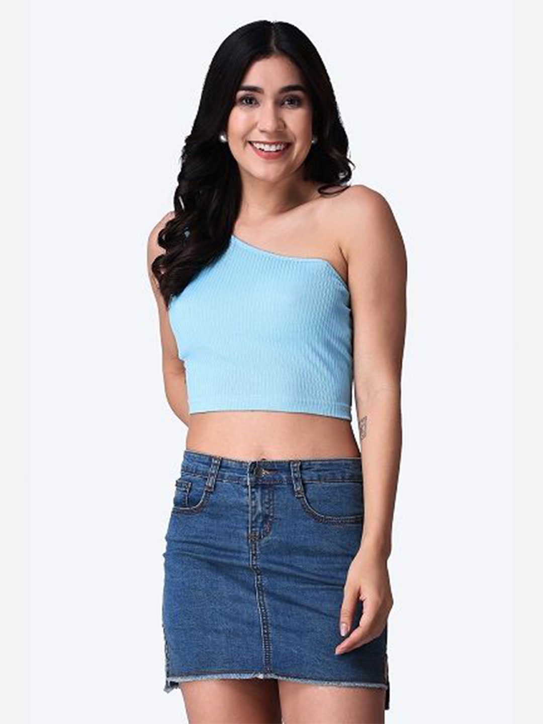 

Popwings Women One Shoulder Crop Top, Turquoise blue
