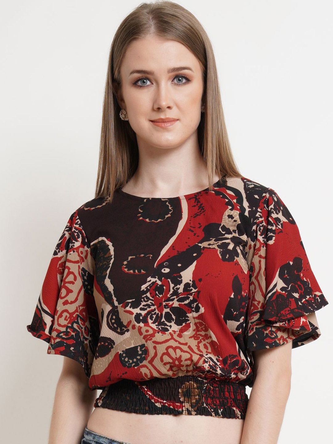 

Popwings Women Geometric Print Smocked Crop Top, Red