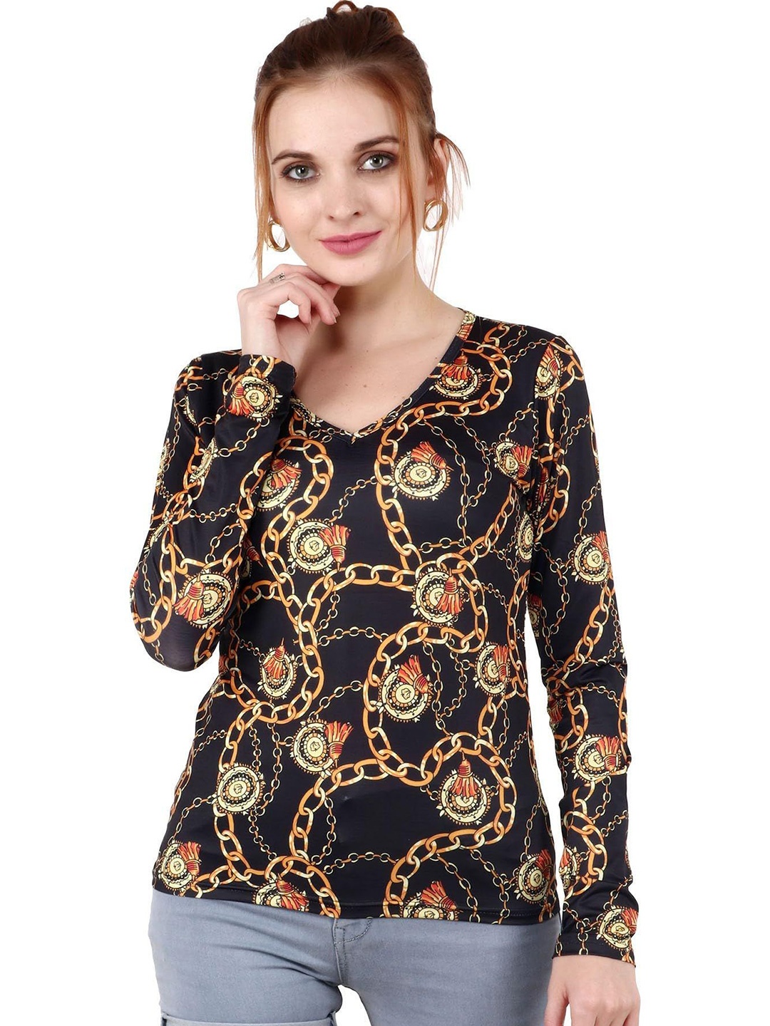 

Popwings V Neck Printed Top, Black