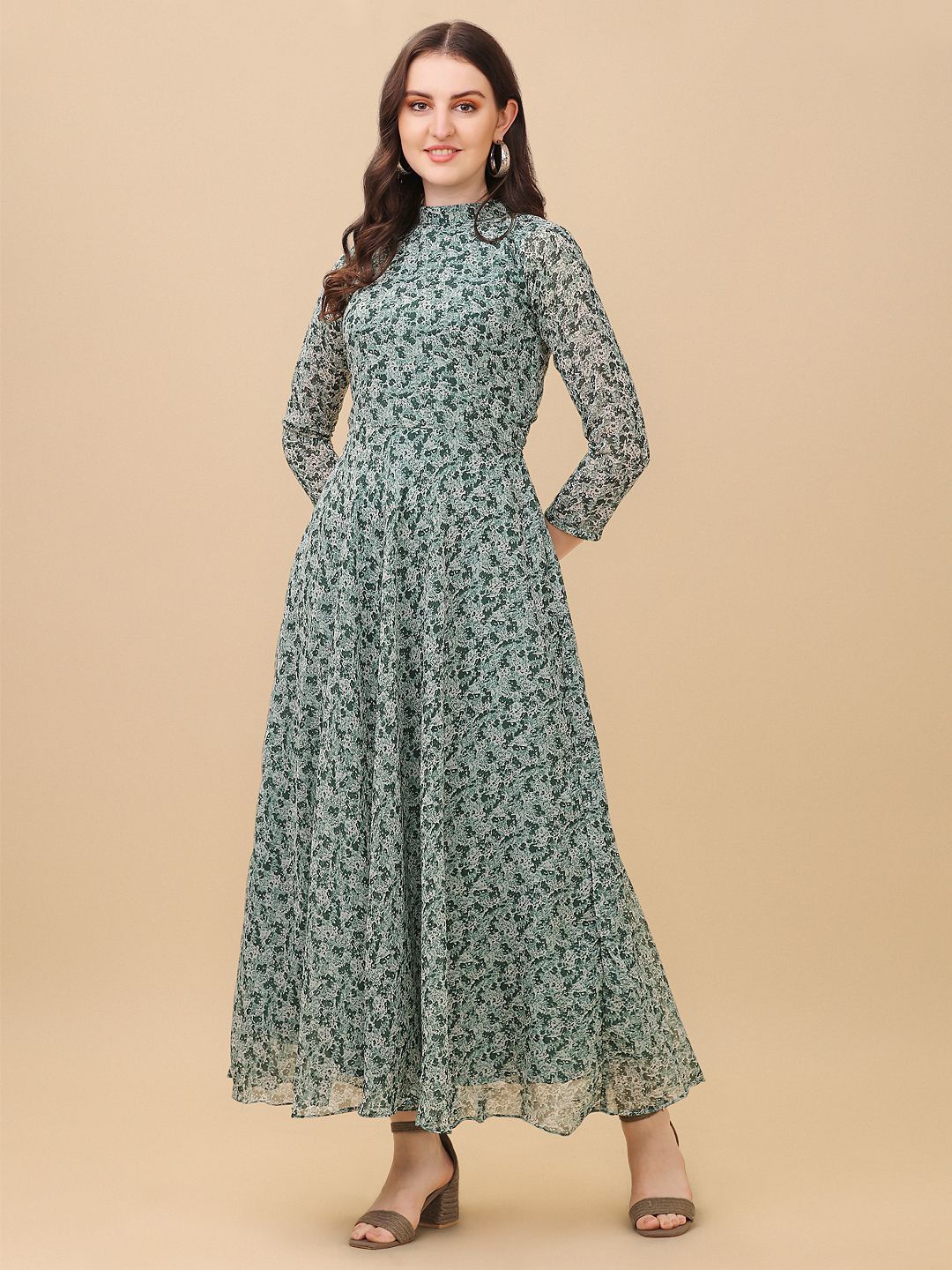 

VIVARAA FASHION Women Floral Printed Mock Neck Fit & Flare Maxi Dress, Green