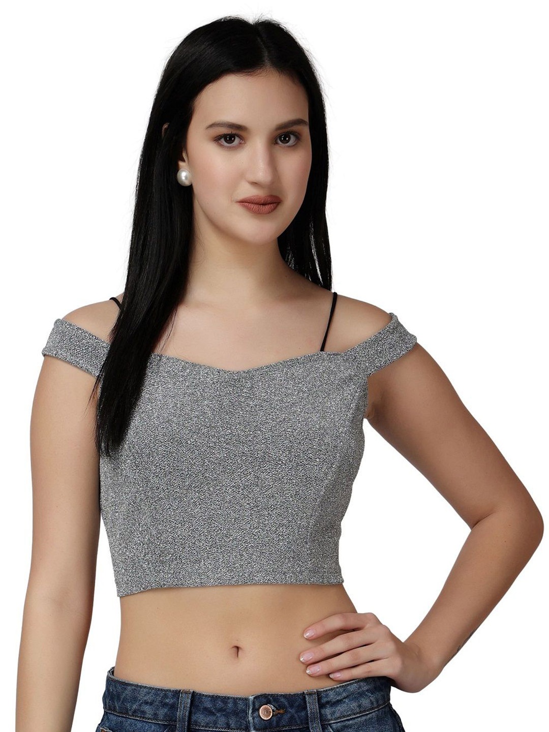 

Popwings Women Shoulder Straps Shimmer Fitted Crop Top, Grey
