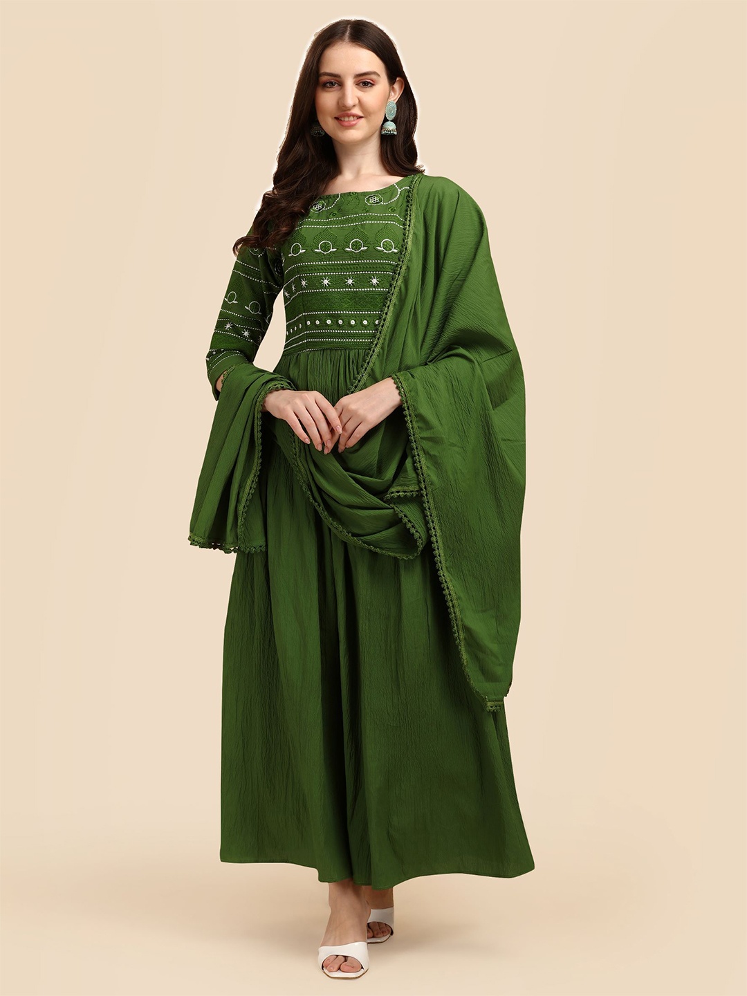 

VIVARAA FASHION Women Ethnic Motifs Embroidered Fit & Flare Maxi Dress, Green
