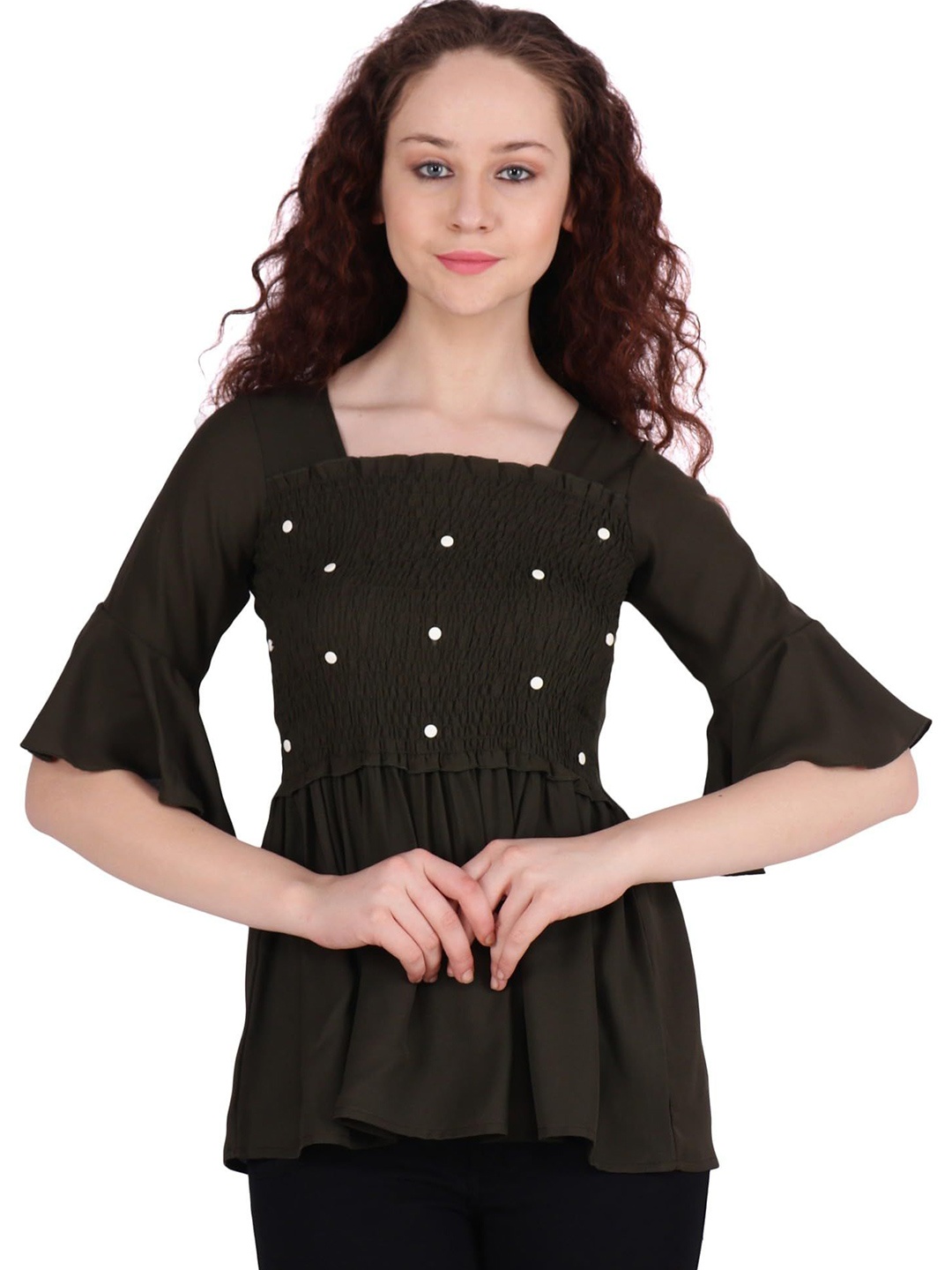 

Popwings Women Polka Dot Print Bell Sleeve Ethnic Peplum Top, Black