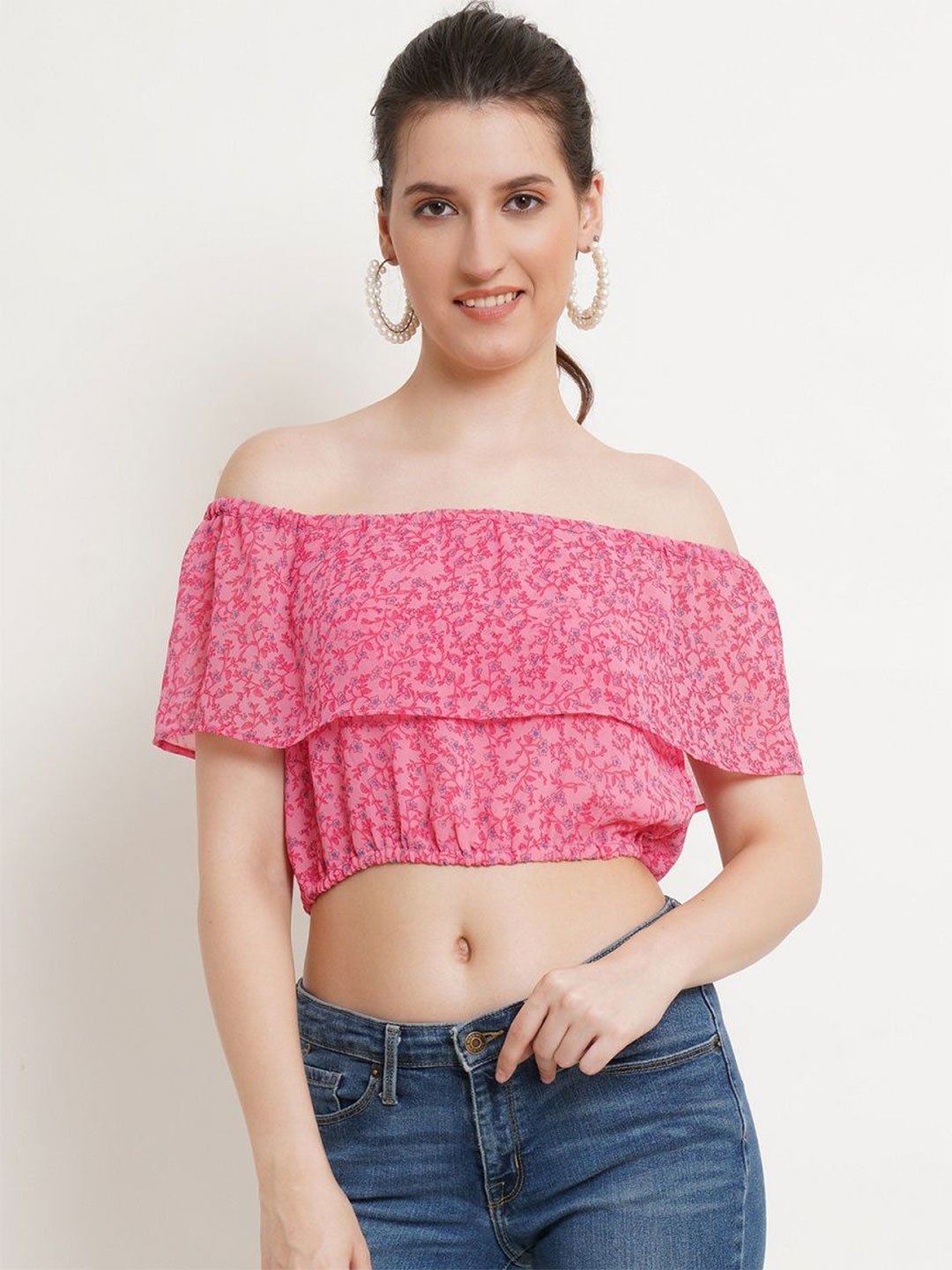 

Popwings Women Floral Printed Off-Shoulder Crop Bardot Top, Pink