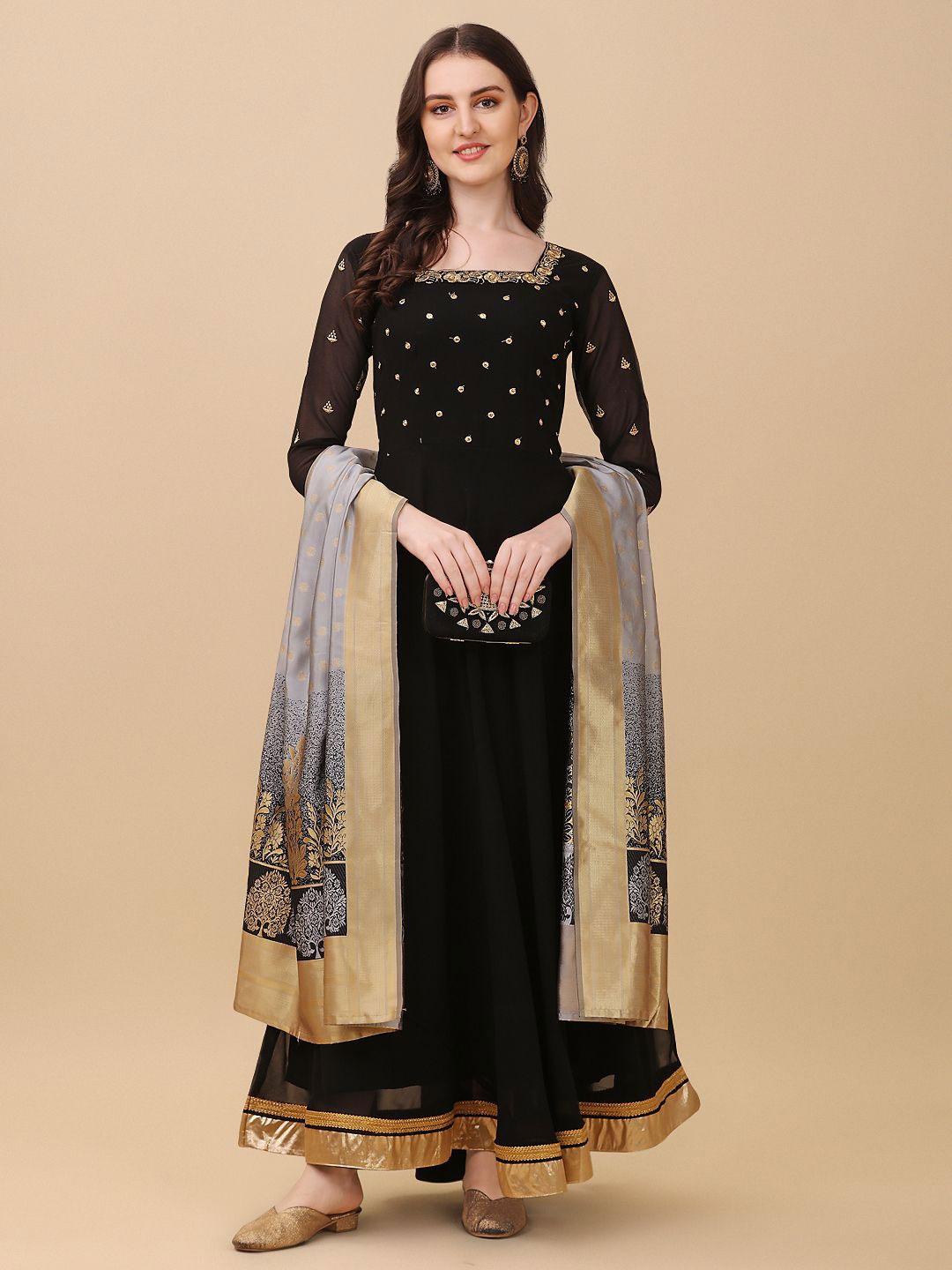 

VIVARAA FASHION Ethnic Motifs Embroidered Maxi Dress With Dupatta, Black