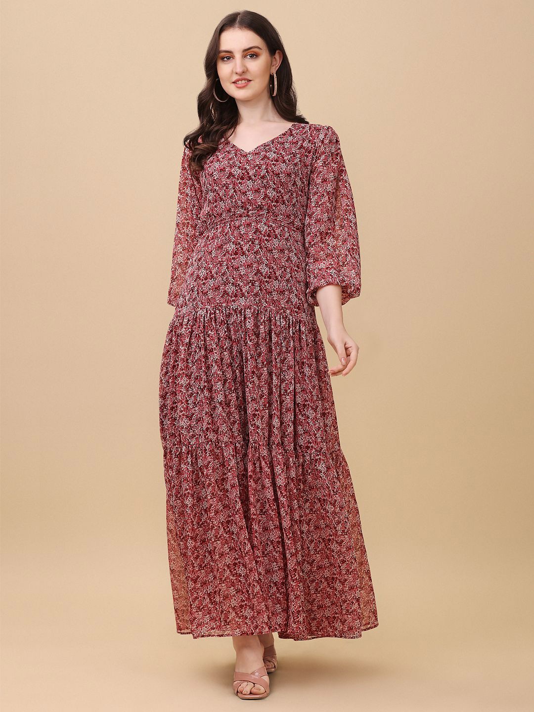 

VIVARAA FASHION Floral Printed Puff Sleeve Georgette Tiered Fit & Flare Maxi Dress, Maroon