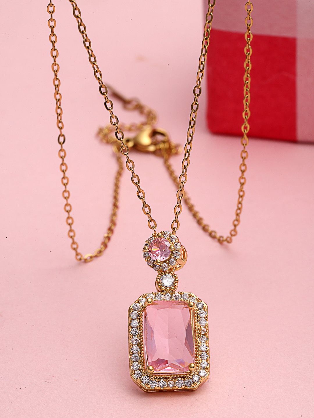 

PANASH Gold-Plated Cubic Zirconia Studded Solitaire Pendant with Chain