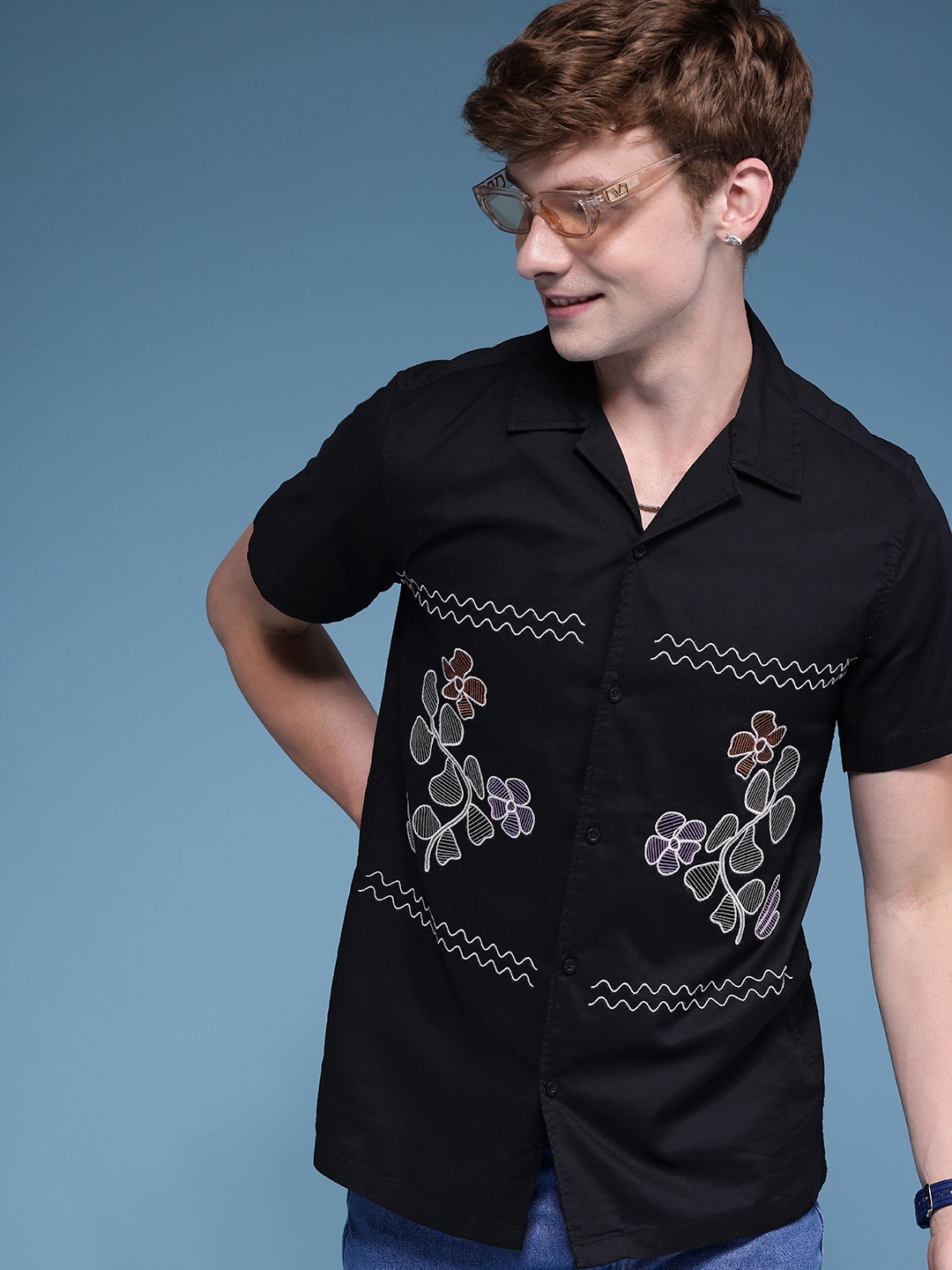 

HERE&NOW Embroidered Pure Cotton Casual Shirt, Black
