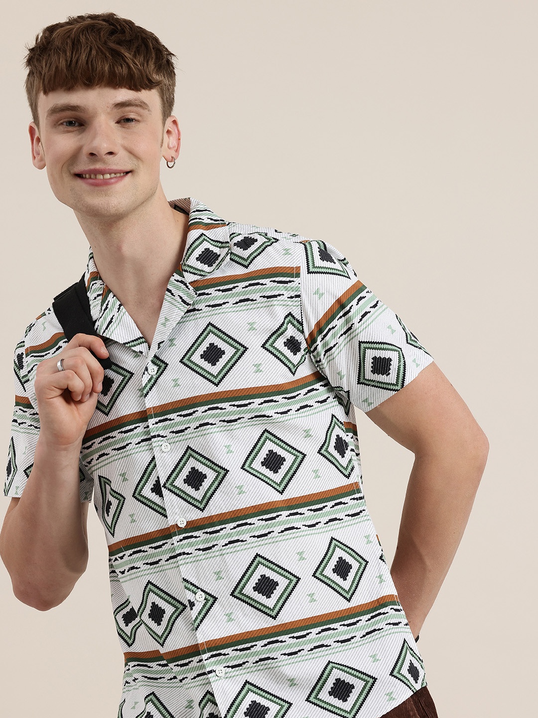 

HERE&NOW Pure Cotton Geometric Printed Casual Shirt, White