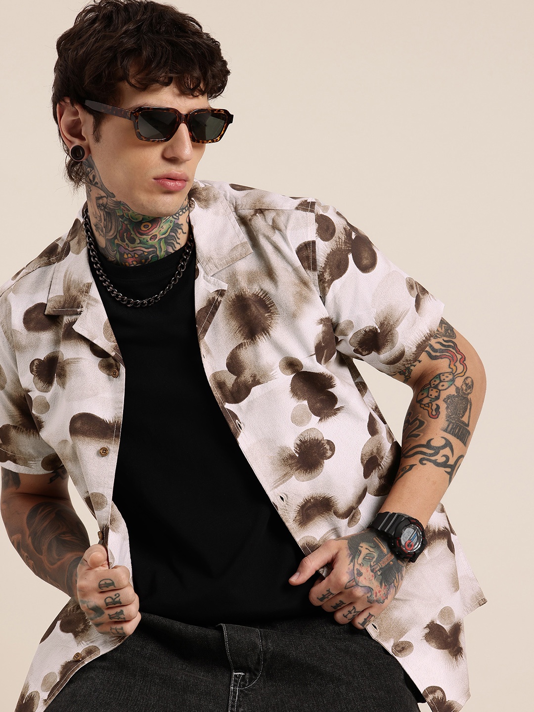 

HERE&NOW Pure Cotton Floral Printed Opaque Casual Shirt, Olive